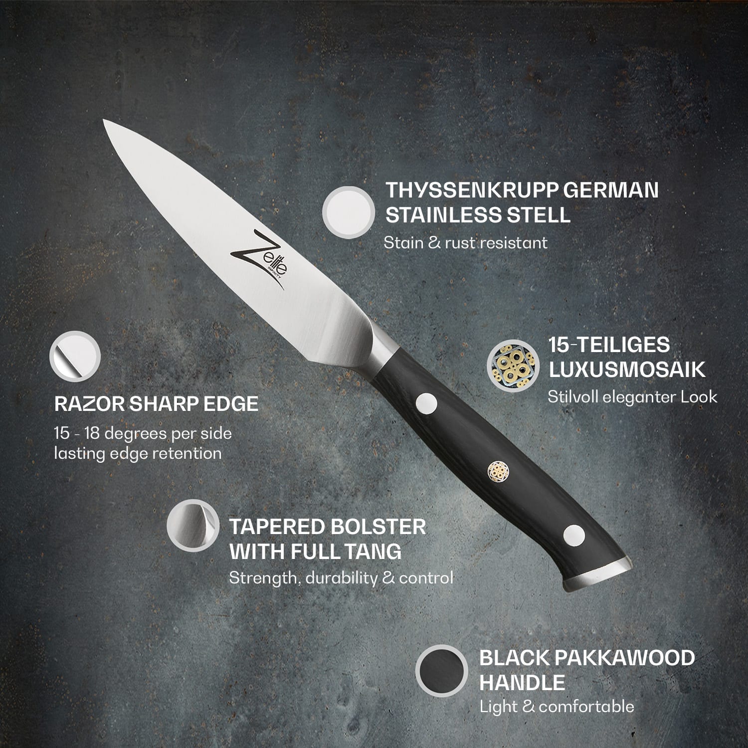 Alpha-Royal German 5", sada 4 nožov na steaky, 56 HCR, nehrdzavejúca oceľ Paring knife