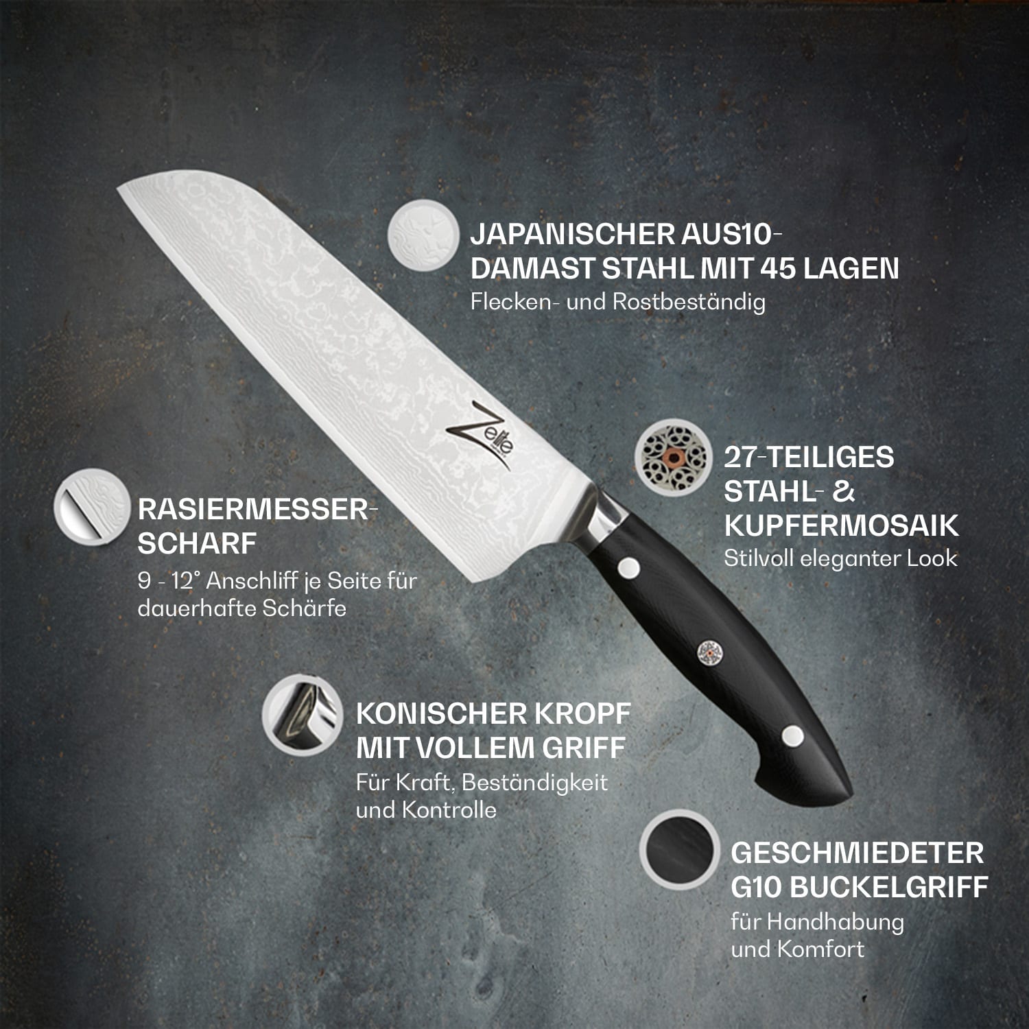 Couteau Santoku de 7" série Executive-Plus 61 HRC  acier de Damas Santoku knife