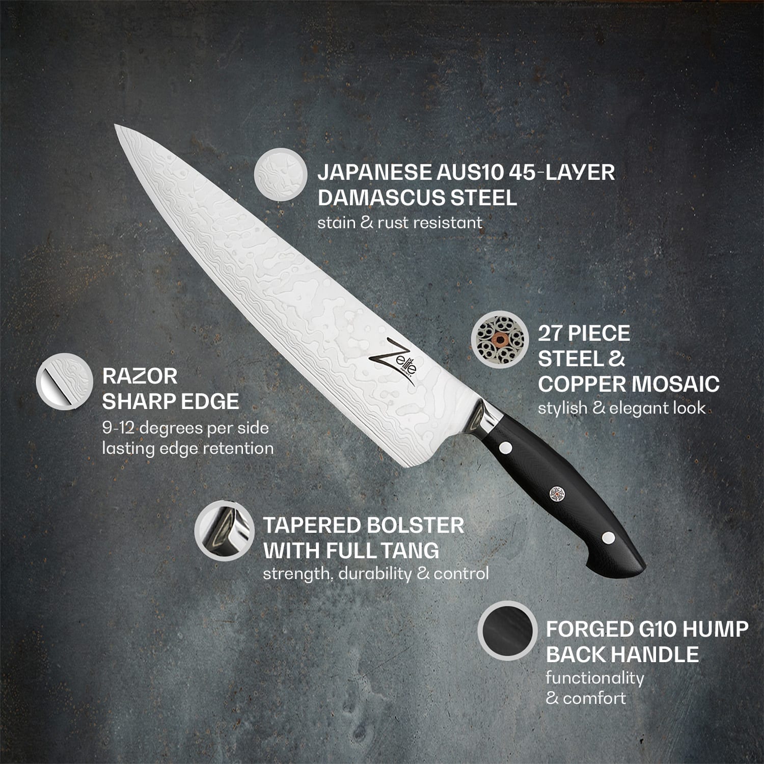 Faca de cozinha 10" Executive-Plus Serie 61 HRC aço damasco 10" Faca de cozinha