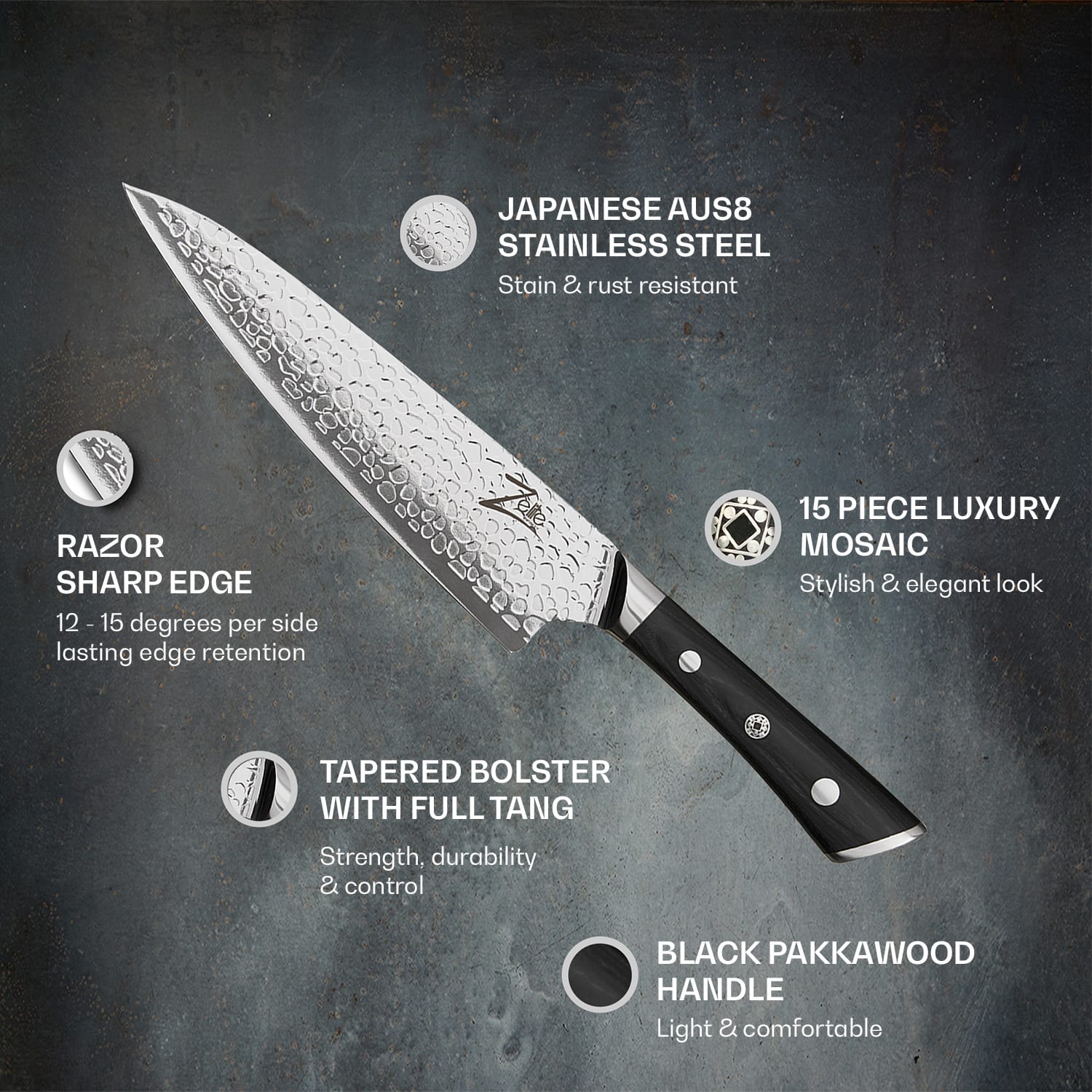Razor-Edge série, 8" nůž šéfkuchaře, kuchařský nůž, 59 HRC, nerezavějící ocel Chef's knife