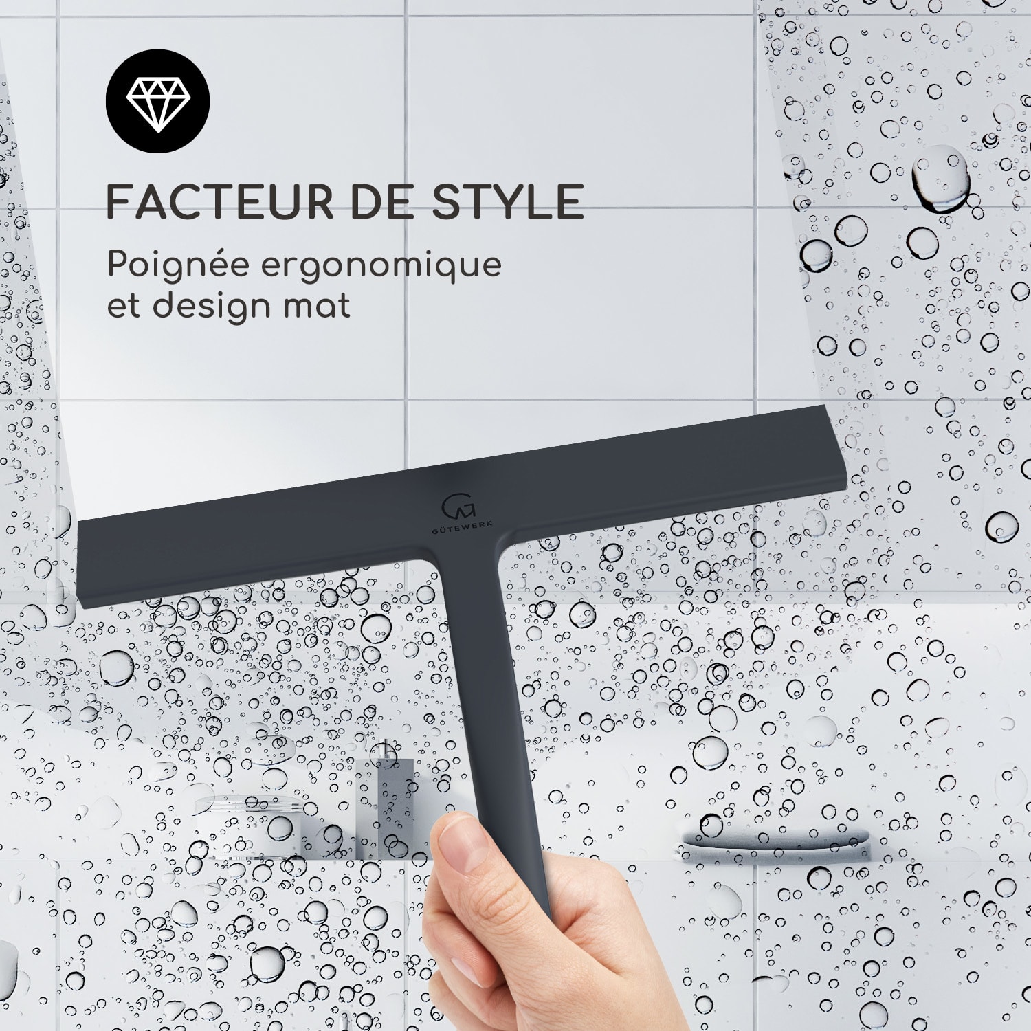 Blaze Raclette de douche 23 cm Couverture en silicone Noyau en acier inoxydable Design moderne Noir