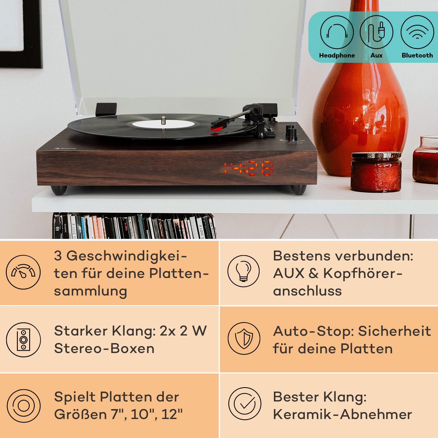 auna TT-Classic Chrono Plattenspieler Staubschutz Bluetooth inkl. Lautsprecher 33/45/78 U/min