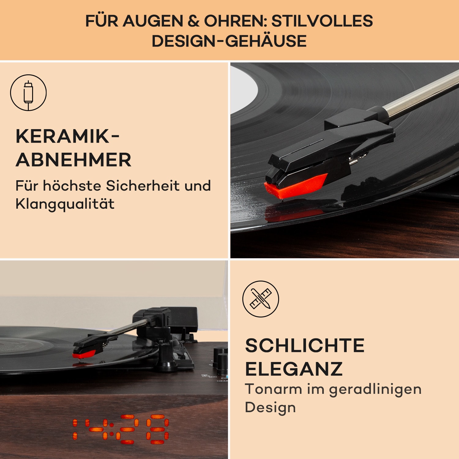auna TT-Classic Chrono Plattenspieler Staubschutz Bluetooth inkl. Lautsprecher 33/45/78 U/min