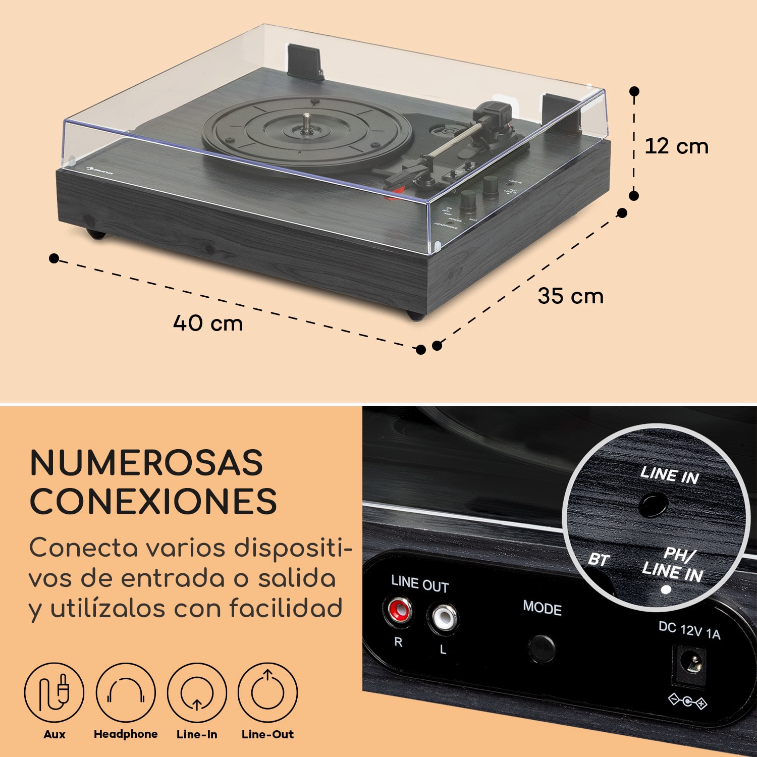 Tocadiscos TT-Classic Chrono, cubierta antipolvo Bluetooth 33/45/78 rpm 