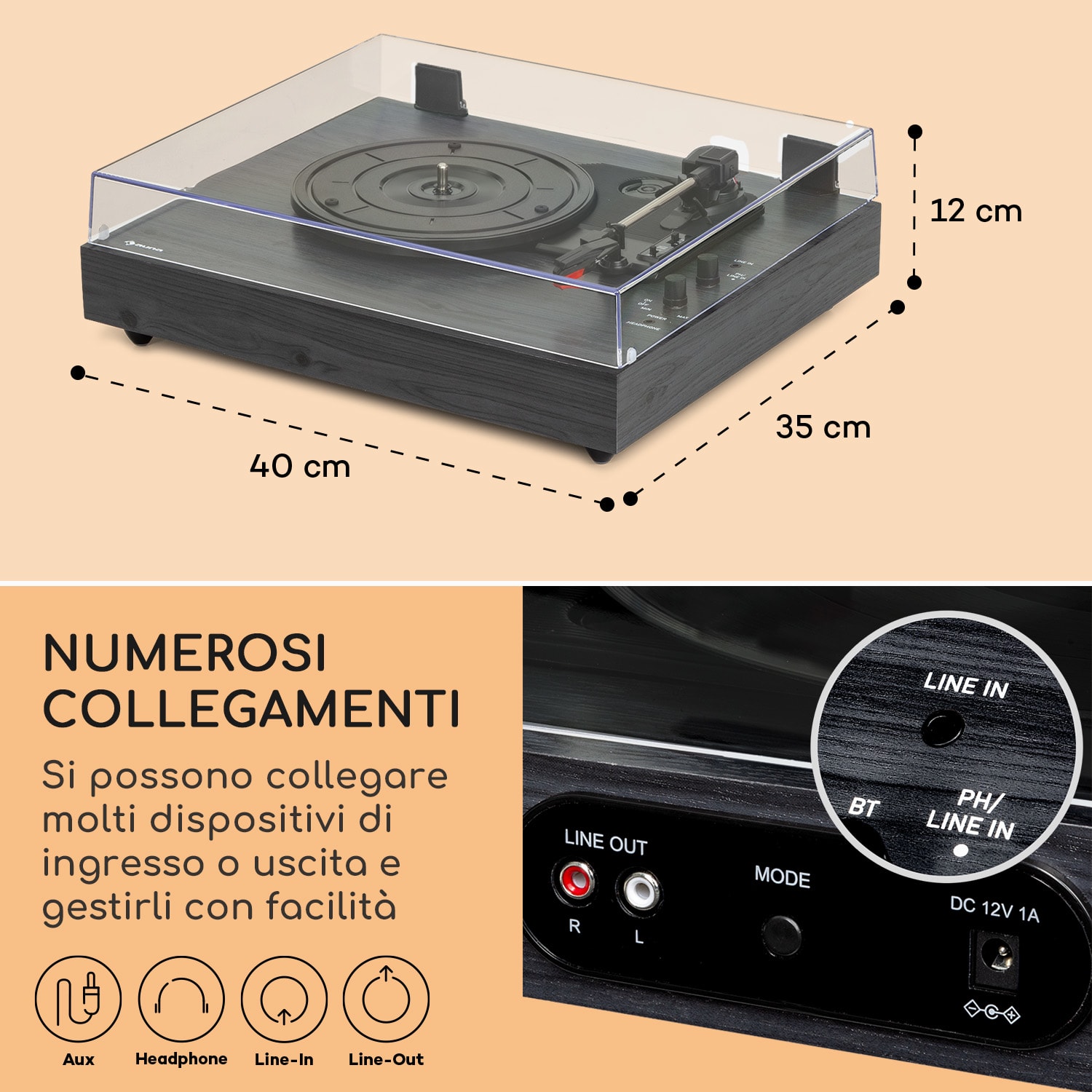 auna TT-Classic Chrono - Giradischi, copertura antipolvere, Bluetooth, altoparlanti incl., 33/45/78 giri/min. 