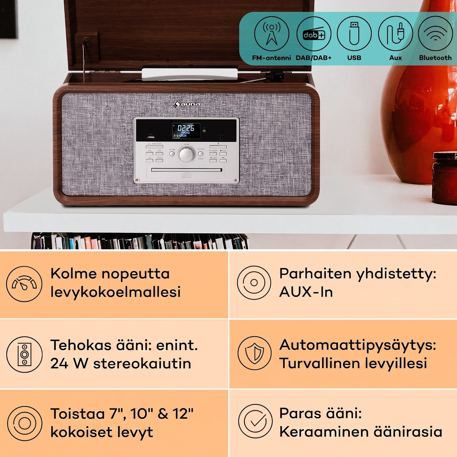 Mary Ann levysoitin 33 ⅓ / 45 / 78 rpm CD DAB+ FM Bluetooth USB Tumma Puu
