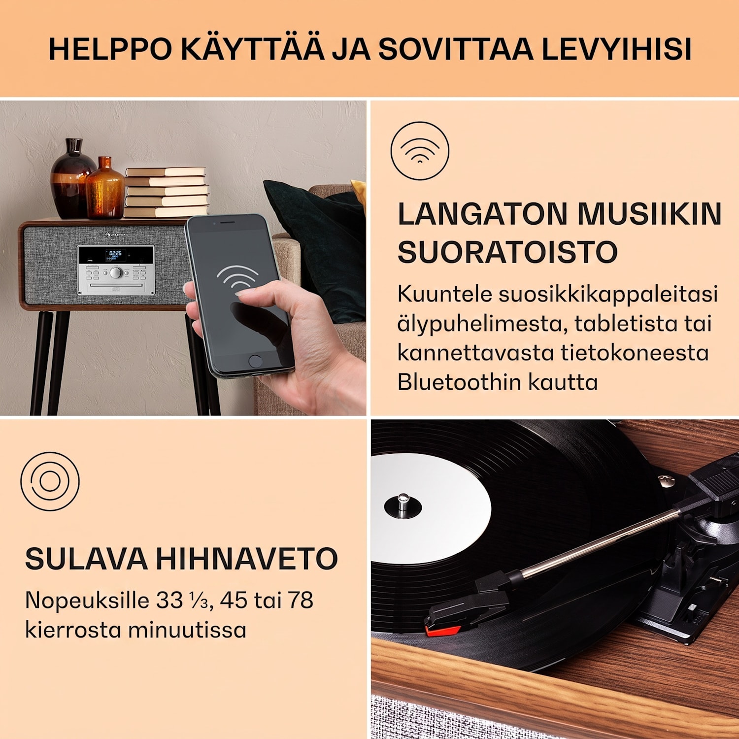 Mary Ann levysoitin 33 ⅓ / 45 / 78 rpm CD DAB+ FM Bluetooth USB Tumma Puu