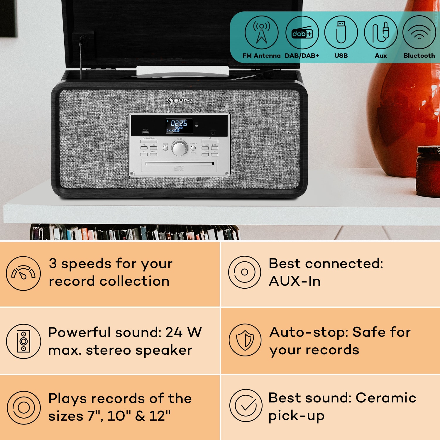 Mary Ann lemezjátszó 33 ⅓ / 45 / 78 rpm CD DAB+ UKW BT USB USB Fekete