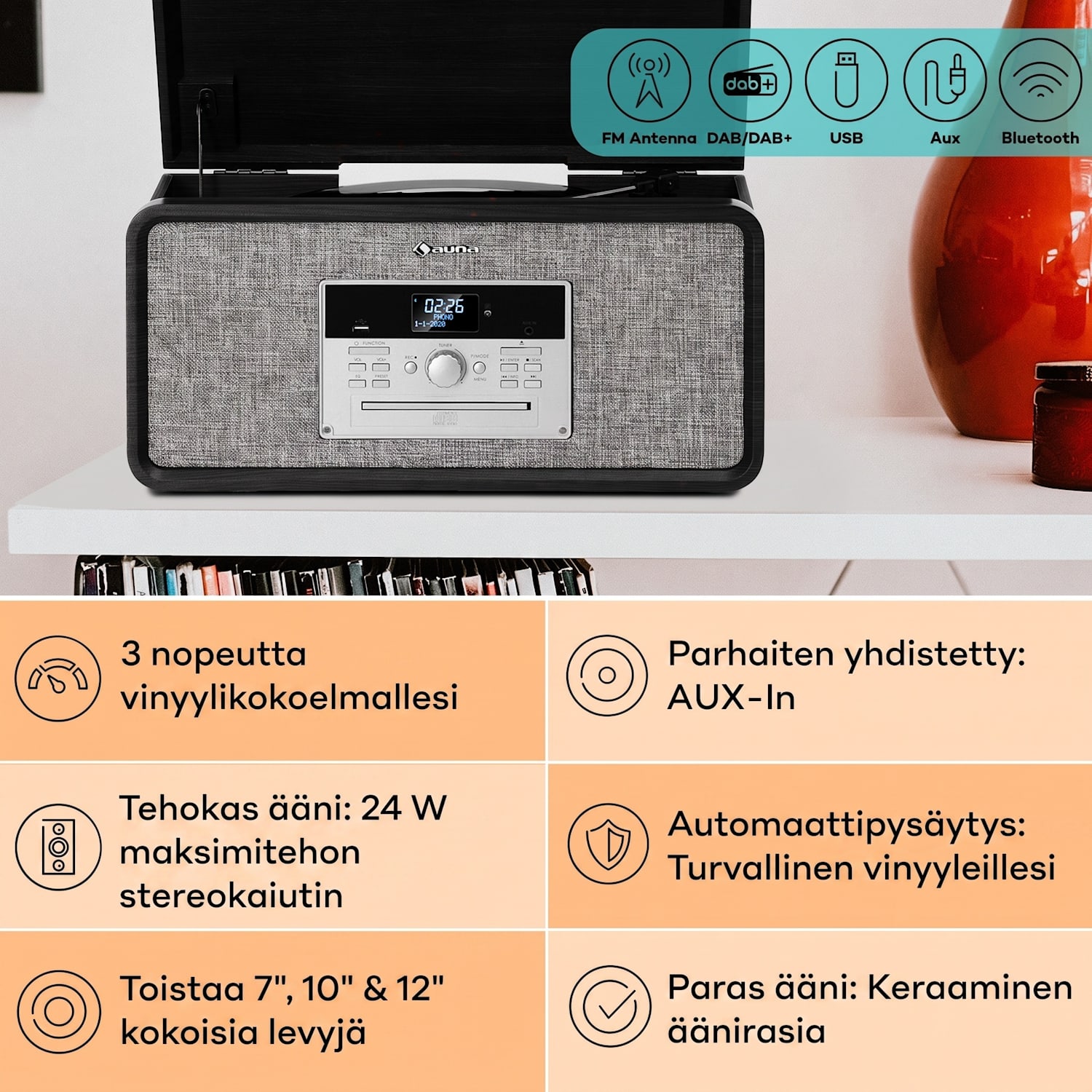 Bella Ann -stereolaite levysoitin radio DAB+/FM USB Bluetooth Musta
