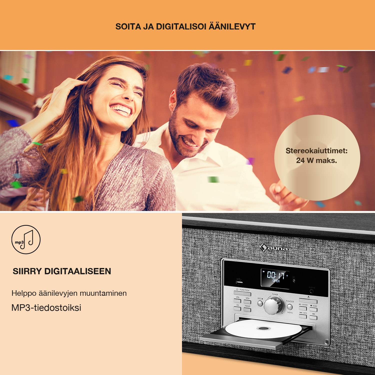 Bella Ann -stereolaite levysoitin radio DAB+/FM USB Bluetooth Musta
