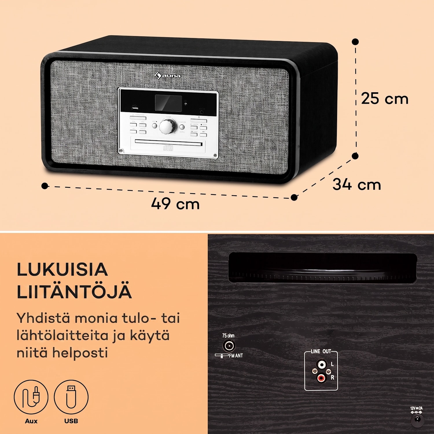 Bella Ann -stereolaite levysoitin radio DAB+/FM USB Bluetooth Musta