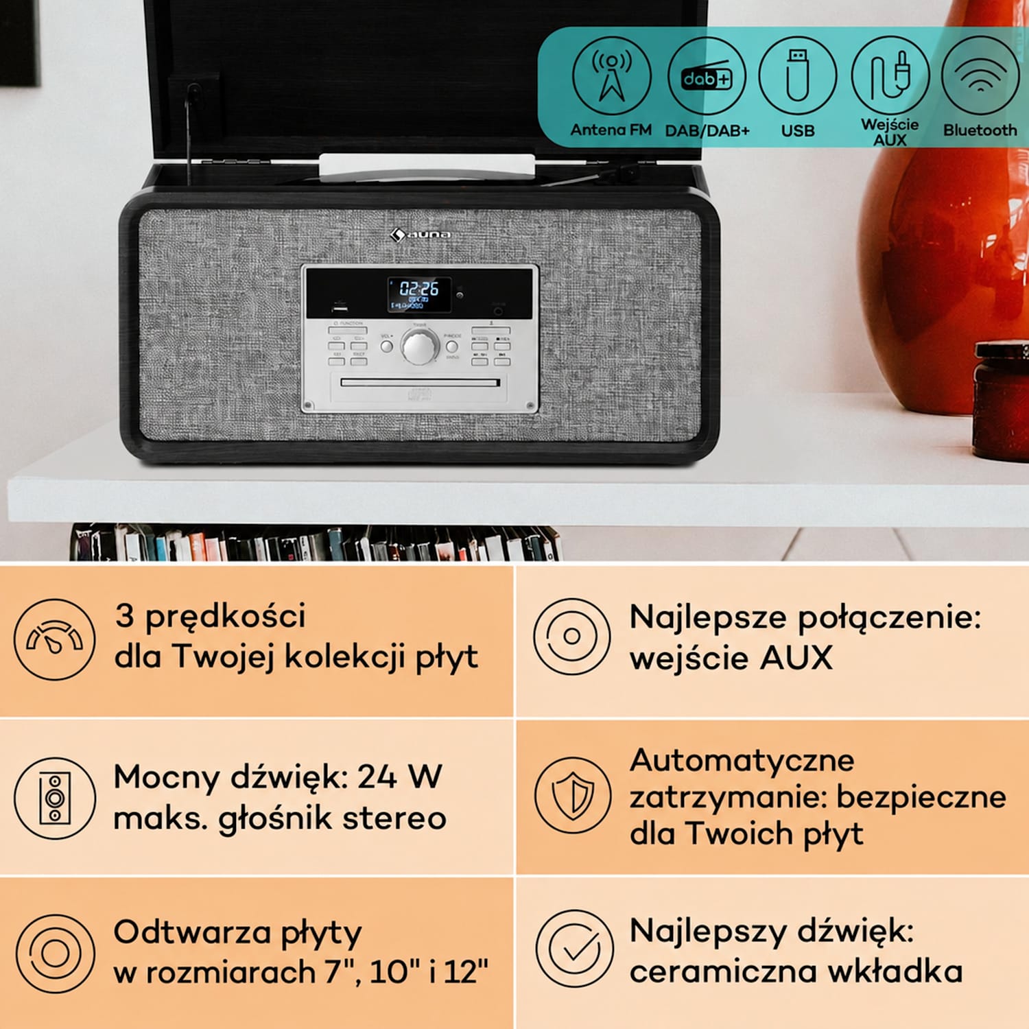 Bella Ann, wieża stereo, gramofon, radio DAB+/FM, USB, Bluetooth Czarny