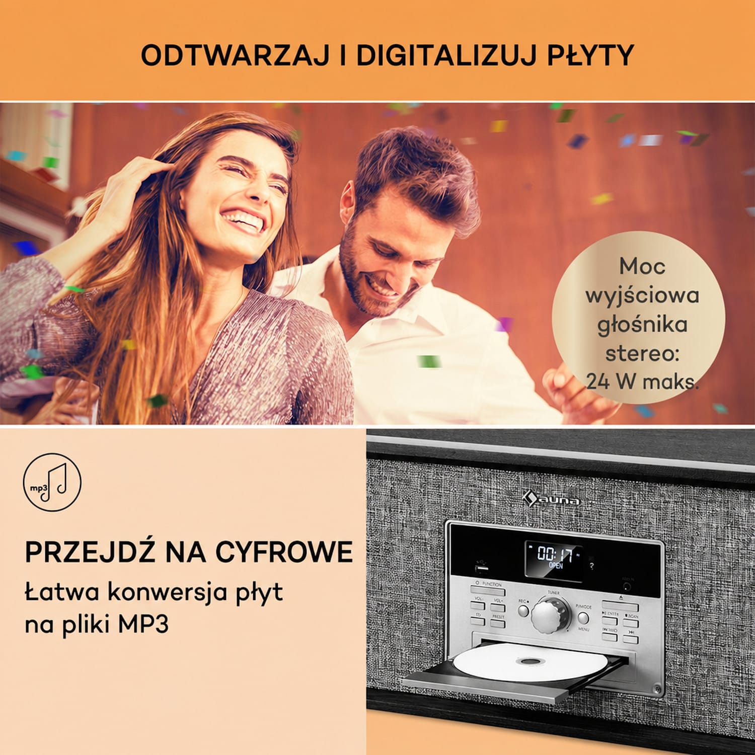 Bella Ann, wieża stereo, gramofon, radio DAB+/FM, USB, Bluetooth Czarny