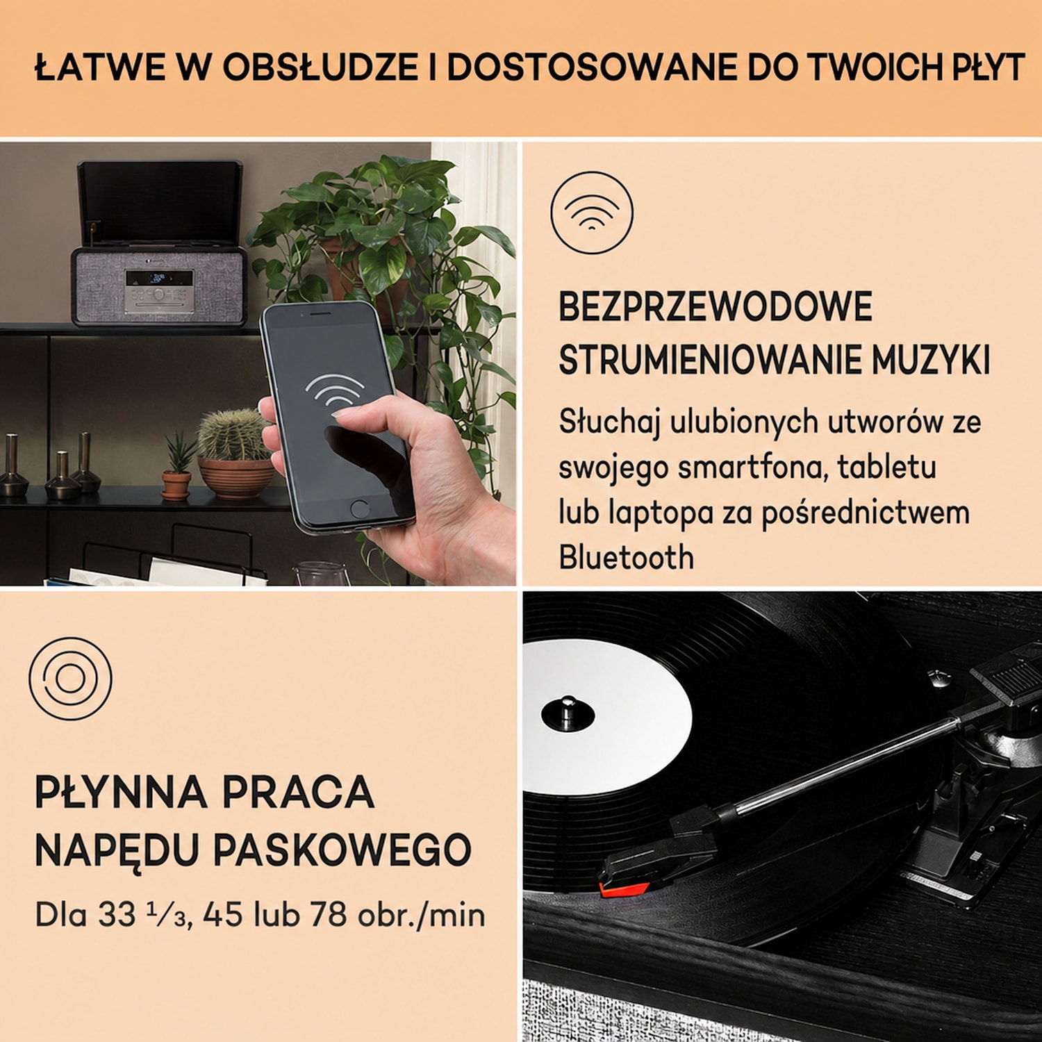 Bella Ann, wieża stereo, gramofon, radio DAB+/FM, USB, Bluetooth Czarny