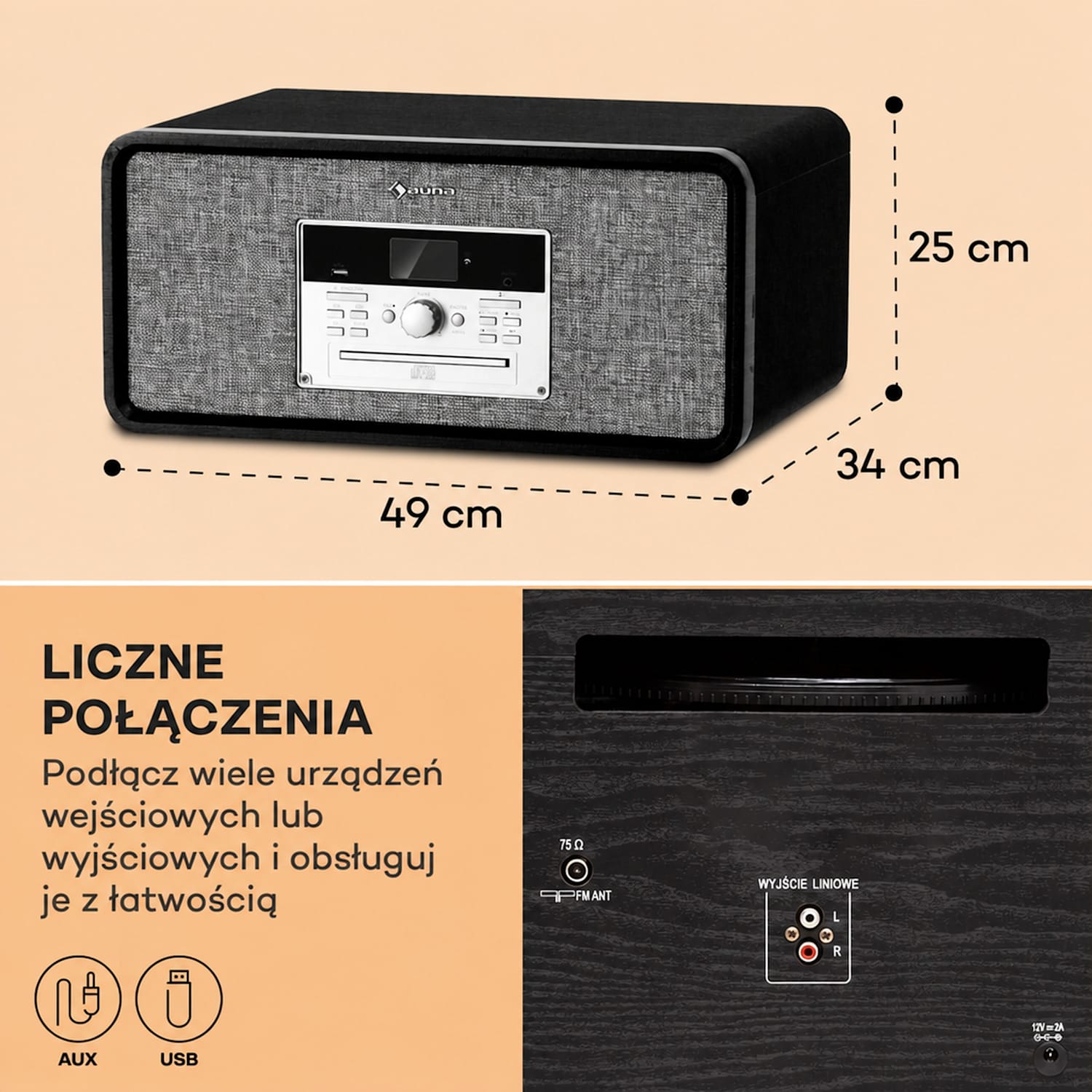 Bella Ann, wieża stereo, gramofon, radio DAB+/FM, USB, Bluetooth Czarny