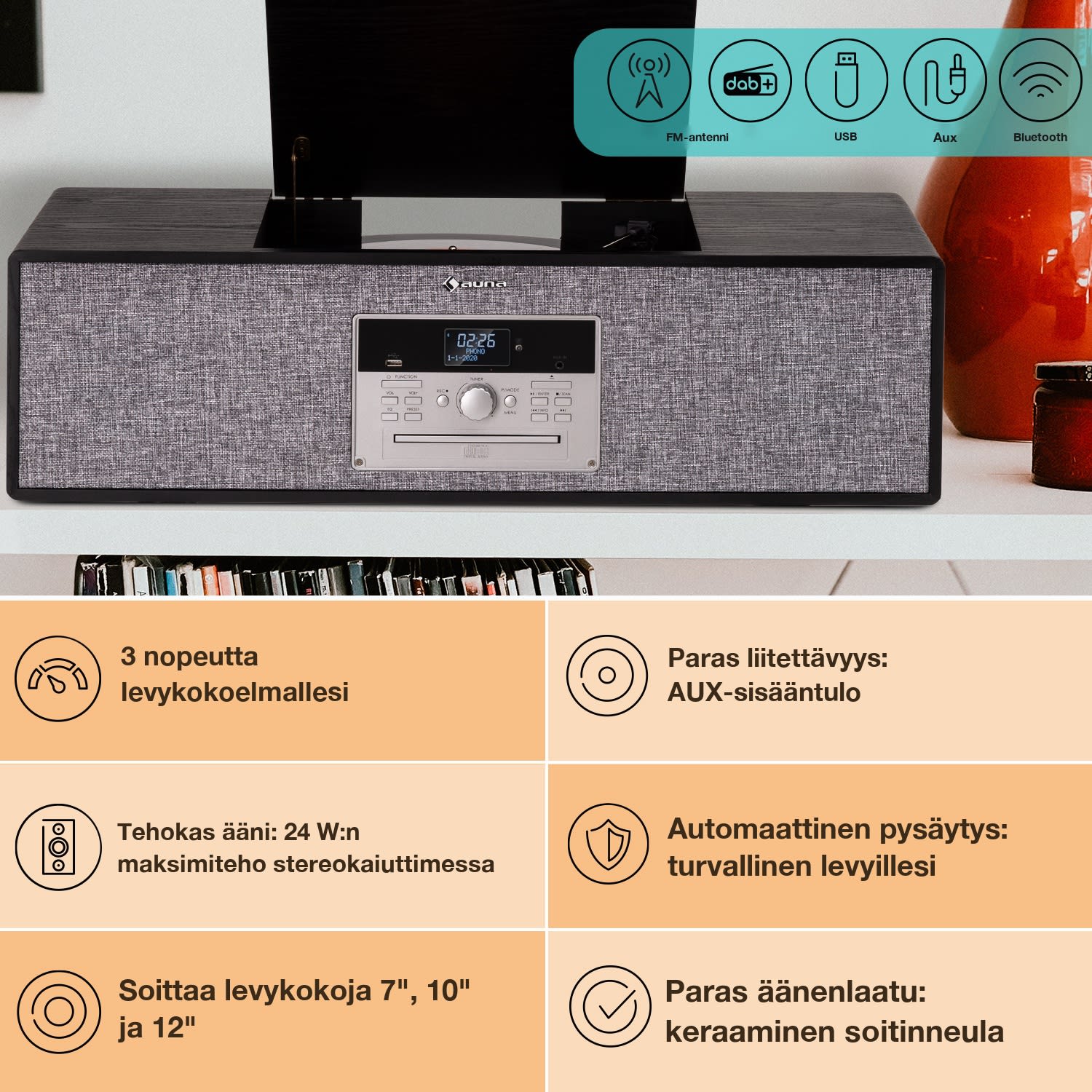 Julie Ann -stereolaite CD BT USB DAB+/FM AUX-tulo Musta