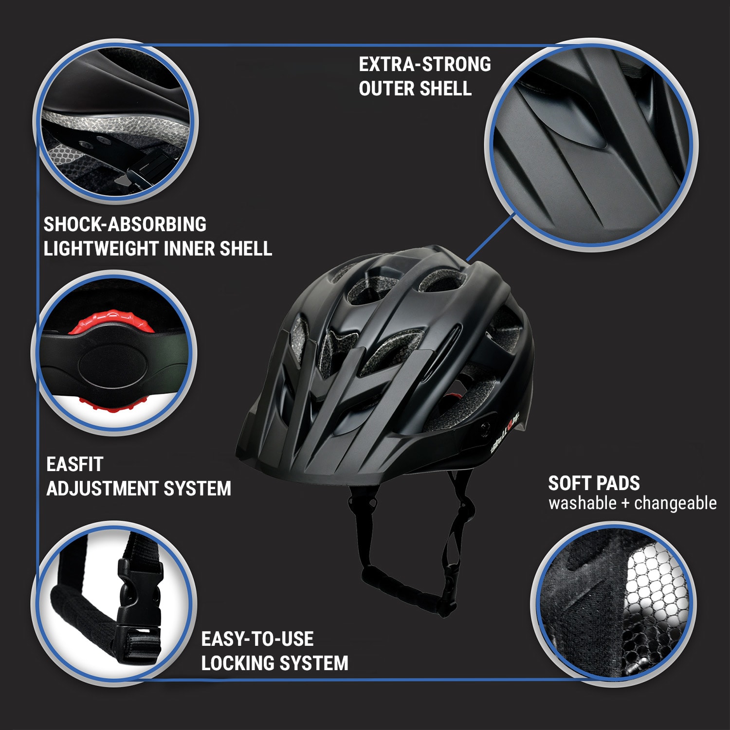 Kask rowerowy, poliwęglan, regulacja rozmiaru, dobra wentylacja średnie | Czarny