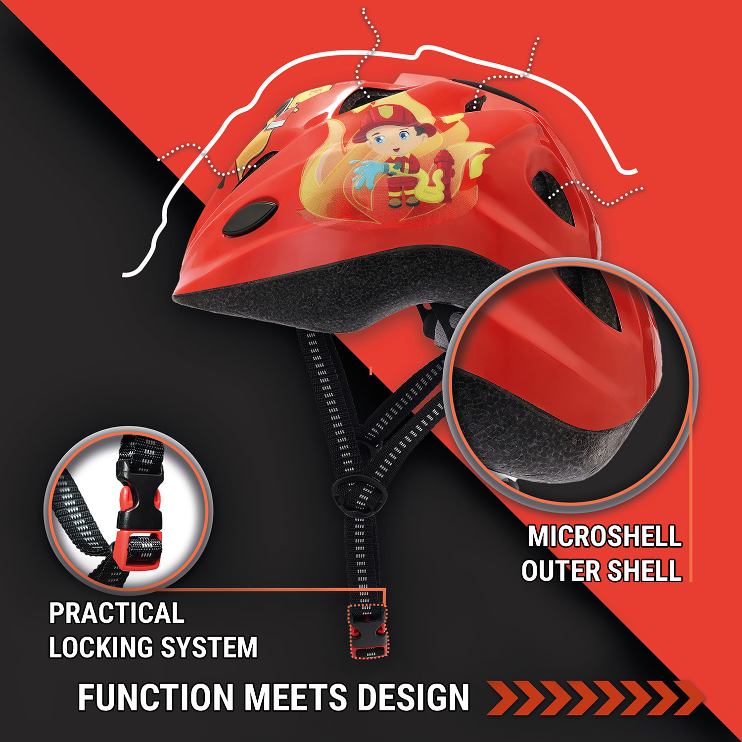 Kask rowerowy dziecięcy, 2-7 lat, Microschell, pianka EPS, dobra wentylacja średnie | Fireman