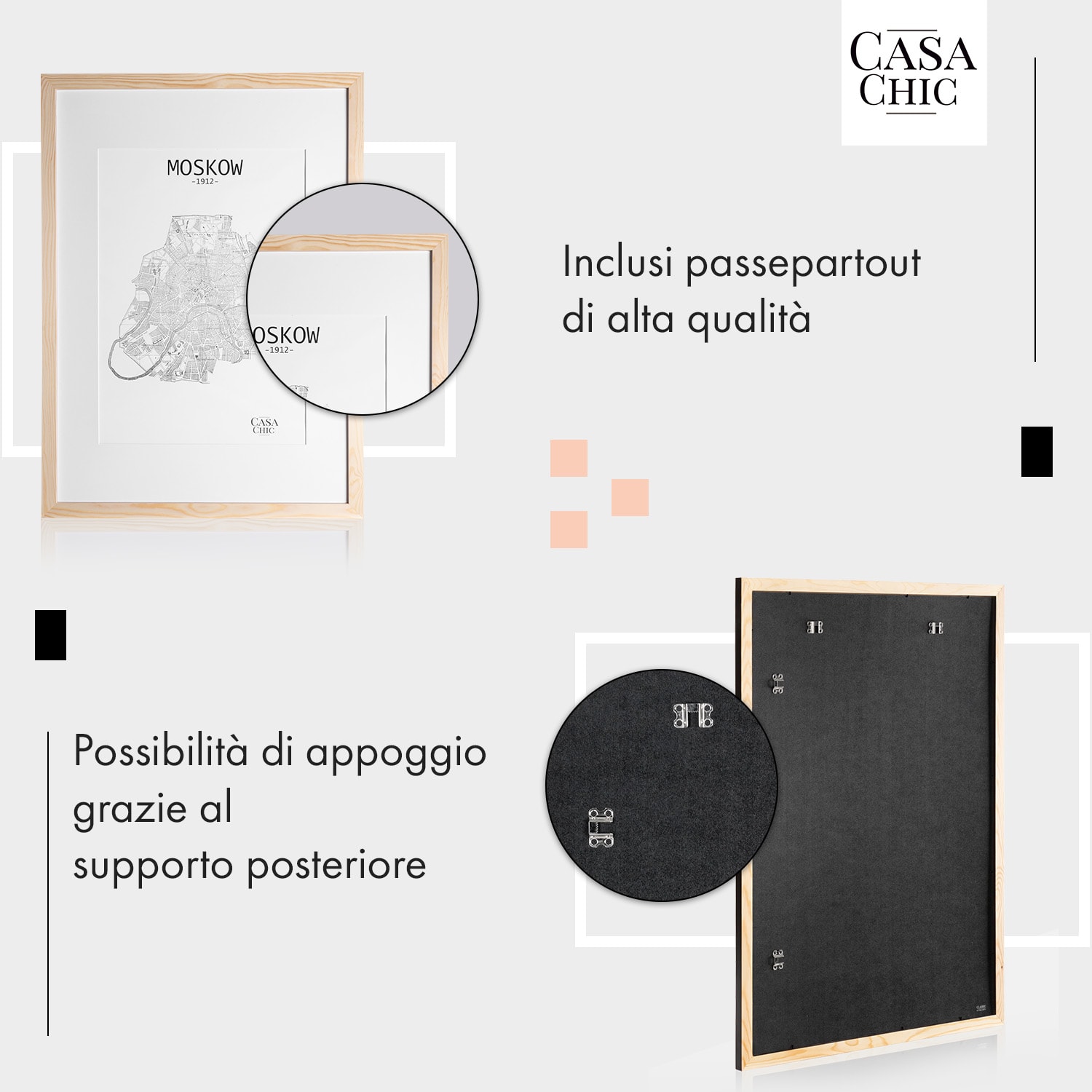 Kenton - Cornice rettangolare, DIN A1, passepartout, plexiglas Pino