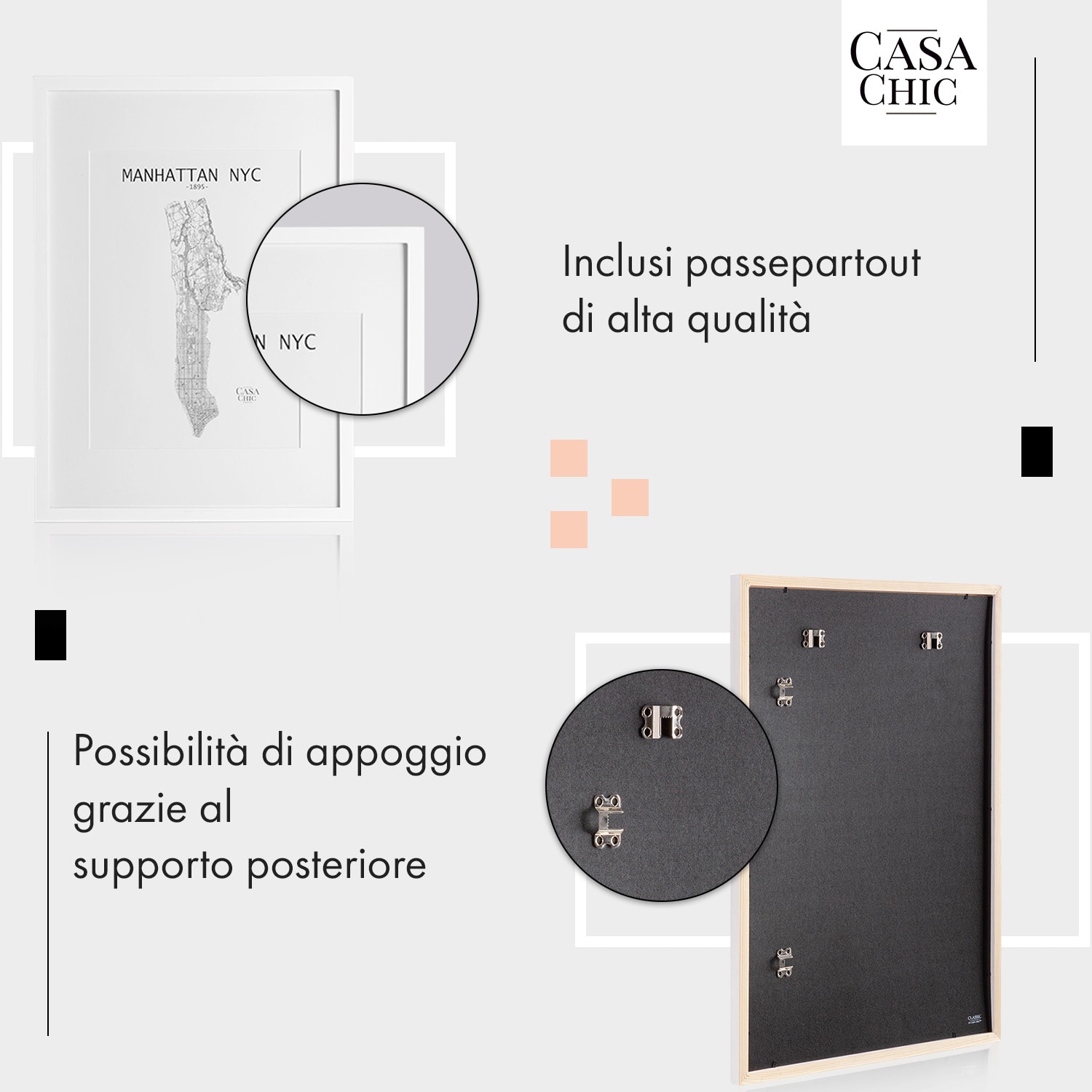 Cornice Everton - rettangolare, DIN A2 58,4 x 41 cm, passepartout, vetro acrilico Bianco