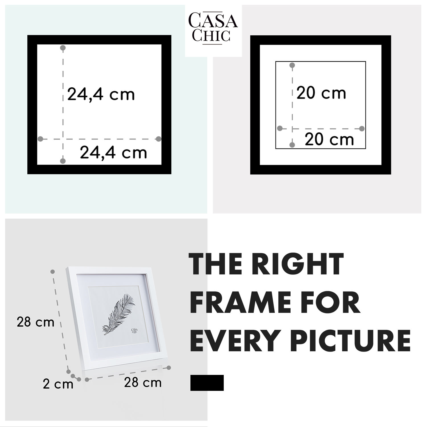 Everton, rám na obrázky, štvorcový, fotky 24,4 x 24,4 cm, pasparta, sklo Biela