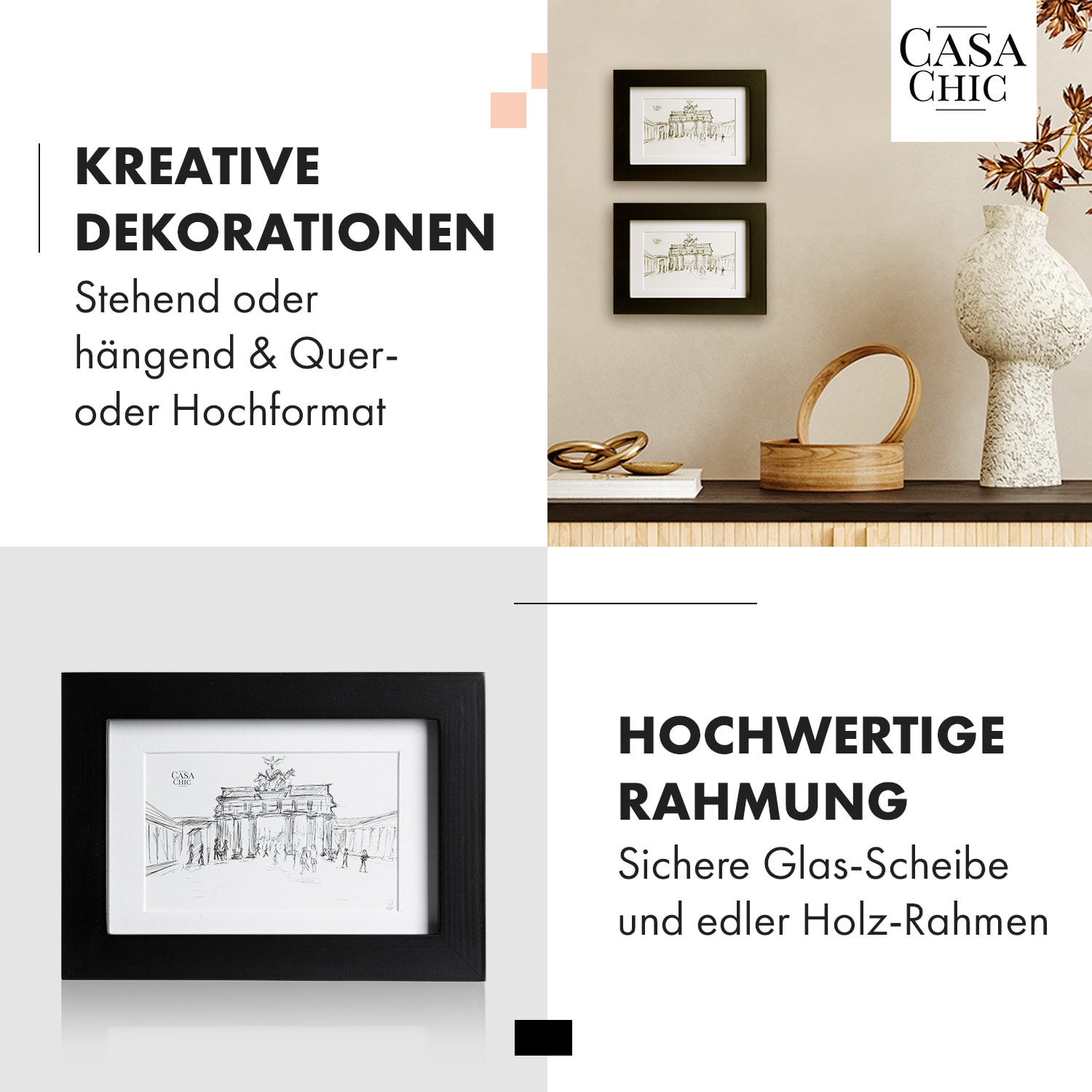 Brighton Bilderrahmen 3er-Set Glasscheibe 10 x 15 cm mit Passepartout   Echtholz  