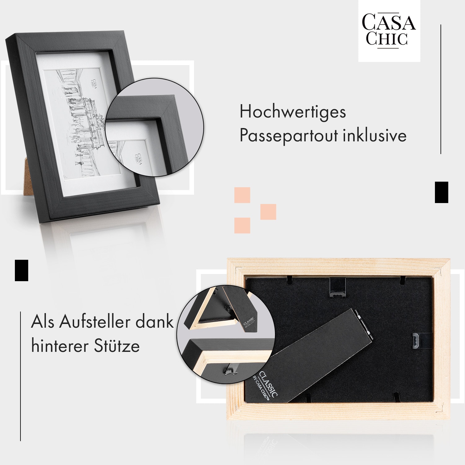 Brighton Bilderrahmen 3er-Set Glasscheibe 10 x 15 cm mit Passepartout Echtholz Schwarz