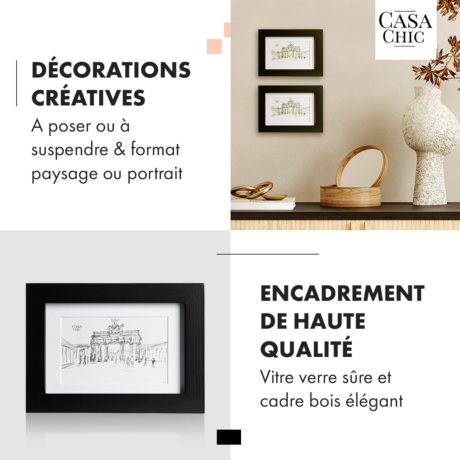 Brighton fotolijst set van 3 glasplaat 10 x 15 cm met passe-partout echt hout  Zwart