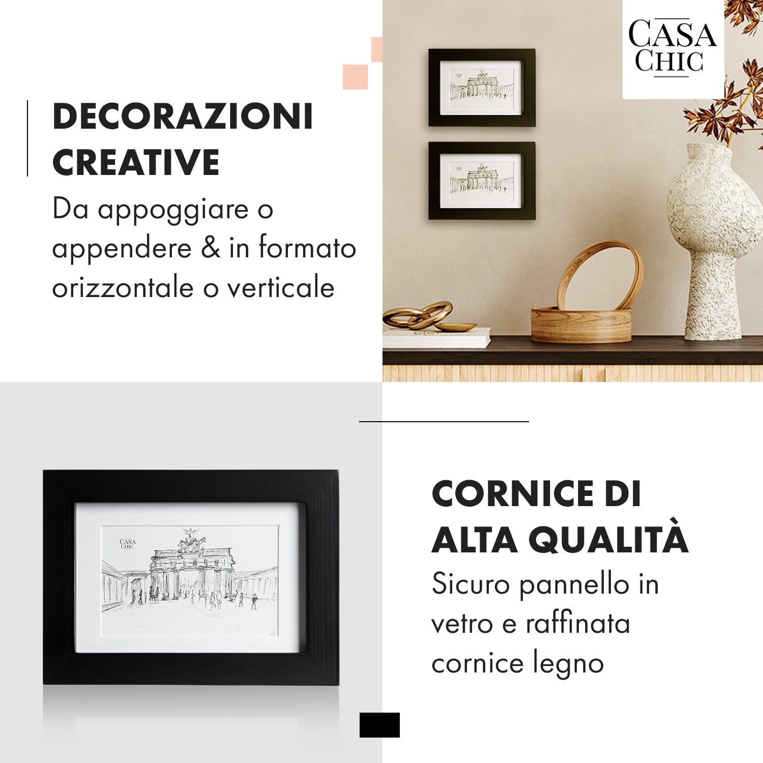 Cornice Brighton, pacco da 3, lastra di vetro, 10 x 15 cm, con passepartout, in vero legno  