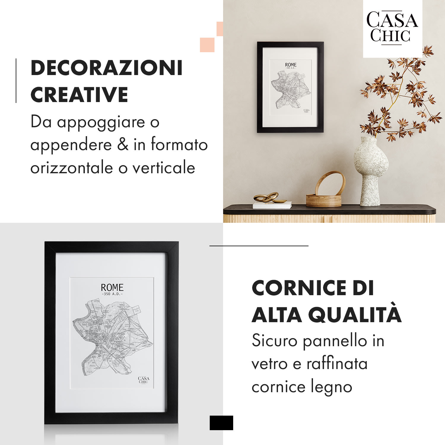 Cornice Brighton, lastra di vetro, formato DIN A4, con passepartout, in vero legno  Nero