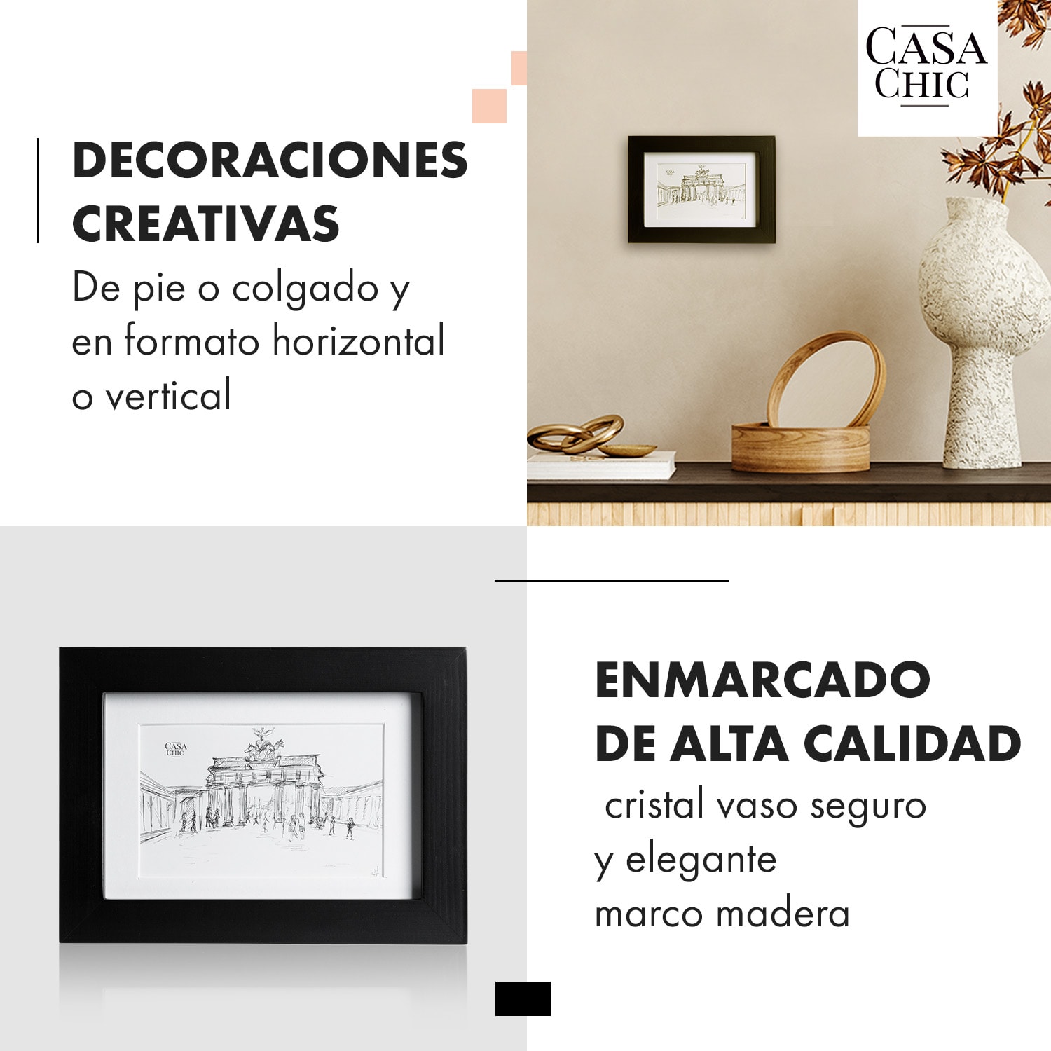 Marco de fotos Bristol cristal 10 x 15 cm con paspartú madera auténtica Negro