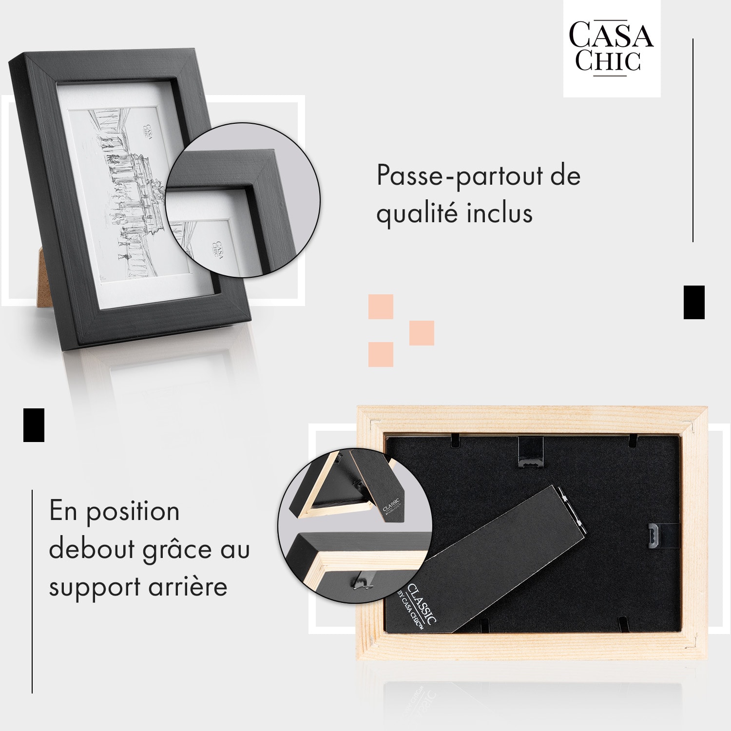 Cadre photo Brighton vitre 10 x 15 cm avec passe-partout bois véritable  Noir