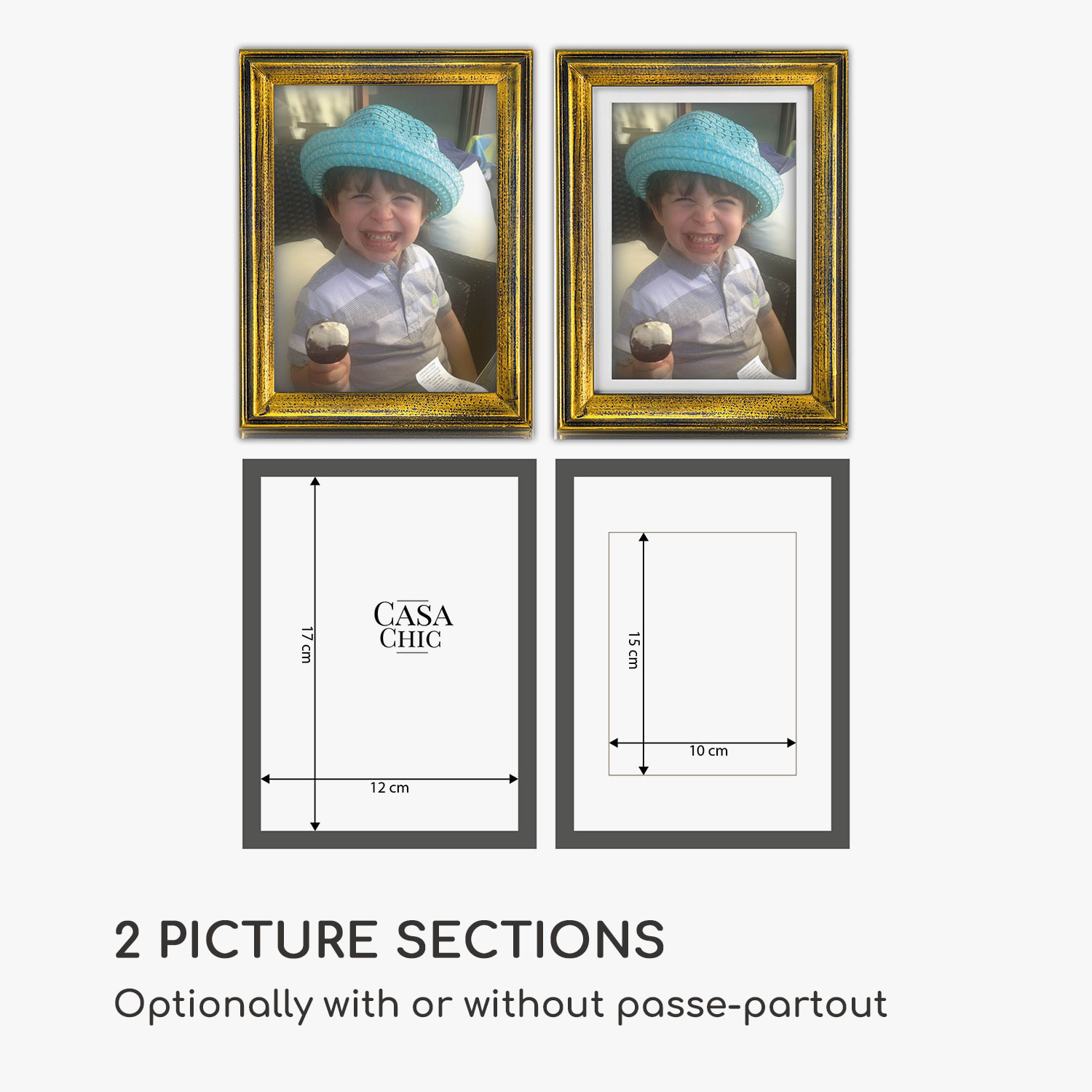 Lancaster, okvir za slike, pravokutni, fotografije 17 x 12 cm, nosač, drvo Zlato