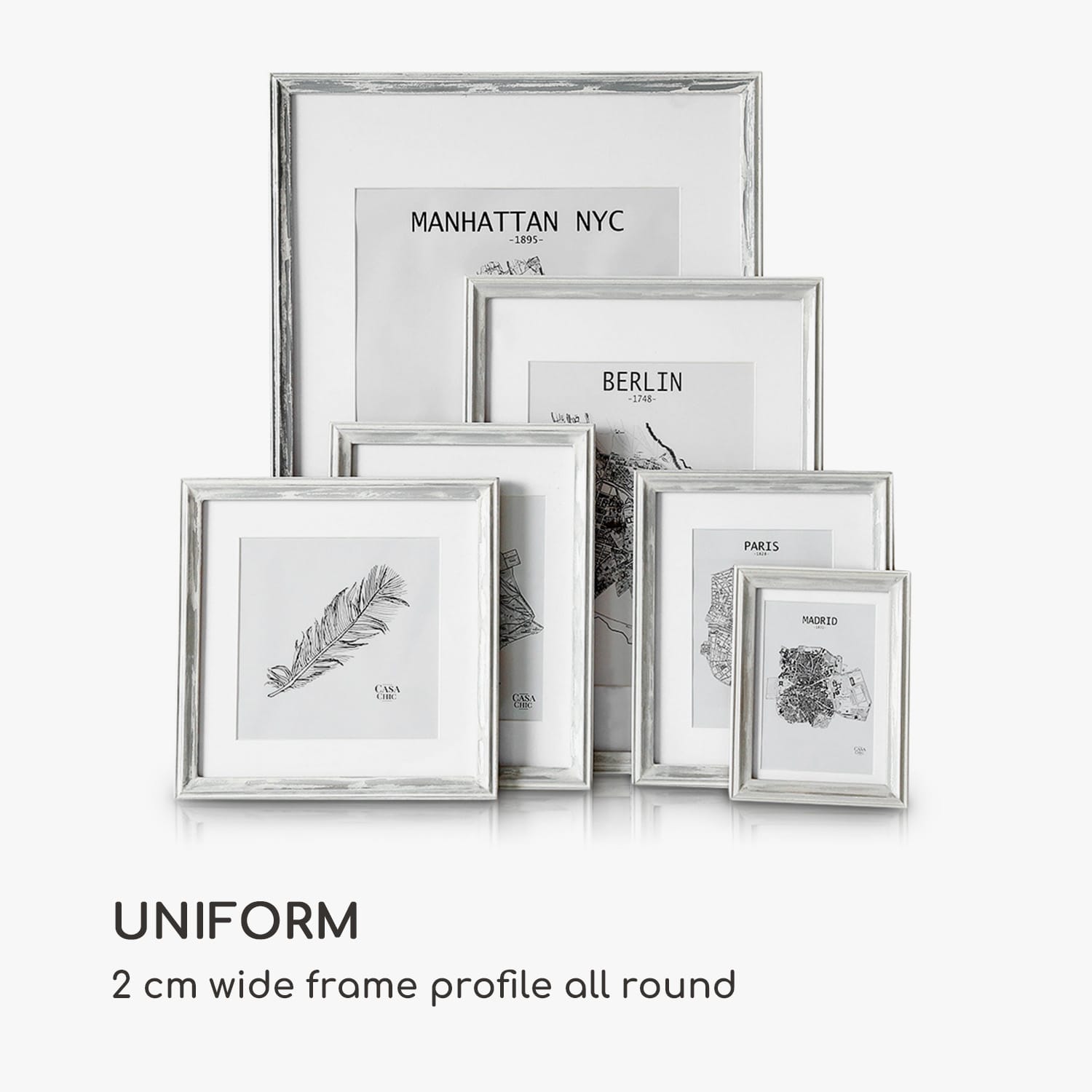 Lancaster -kuvakehys suorakulmainen kolmen kpl:een setti 17 x 12 cm:n kuville paspartuuri puuta Valkoinen