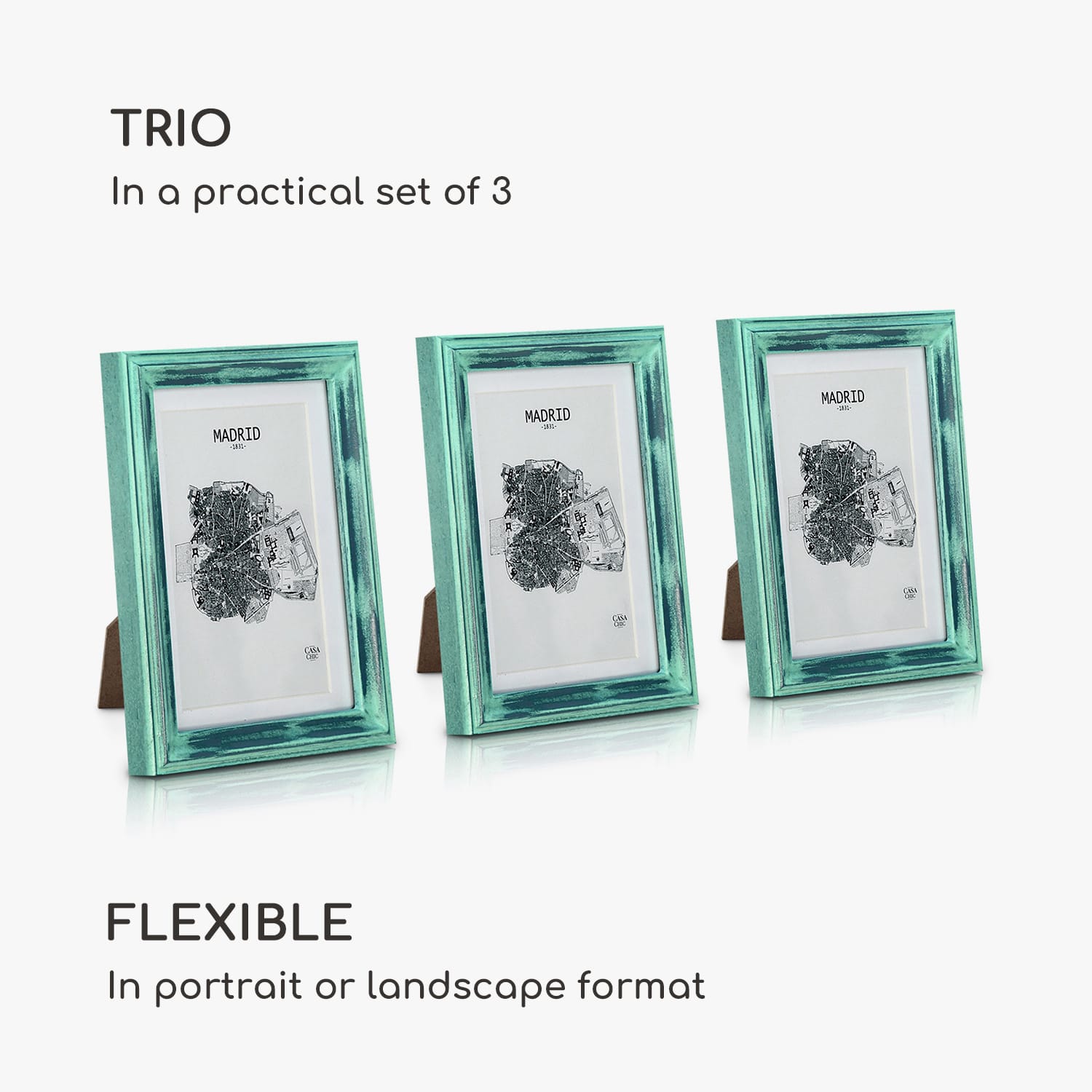 Lancaster -kuvakehys suorakulmainen kolmen kpl:een setti 17 x 12 cm:n kuville paspartuuri puuta Turkoosi