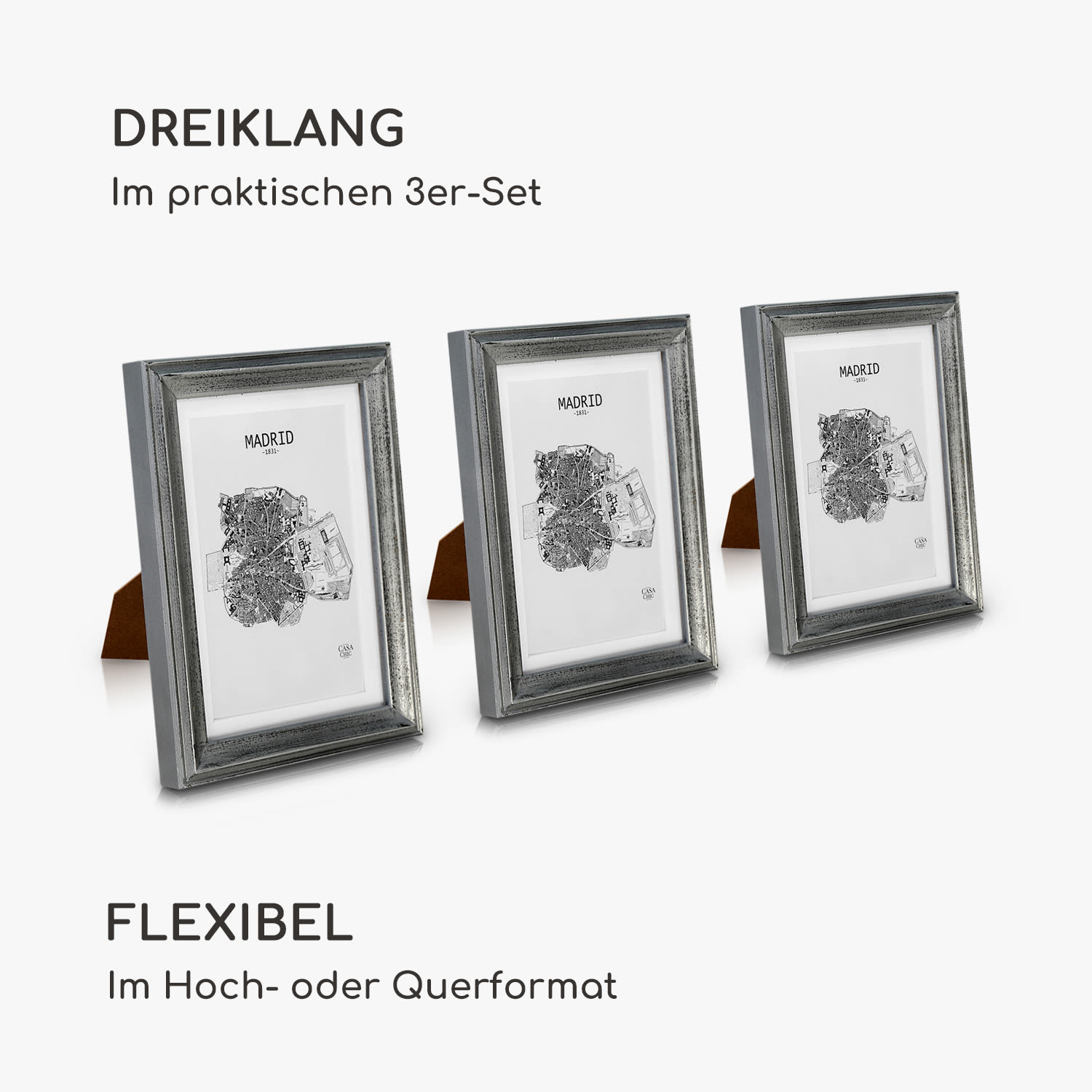 Lancaster Bilderrahmen rechteckig 3er-Set 17x12 cm Fotos Passepartout Holz Silber