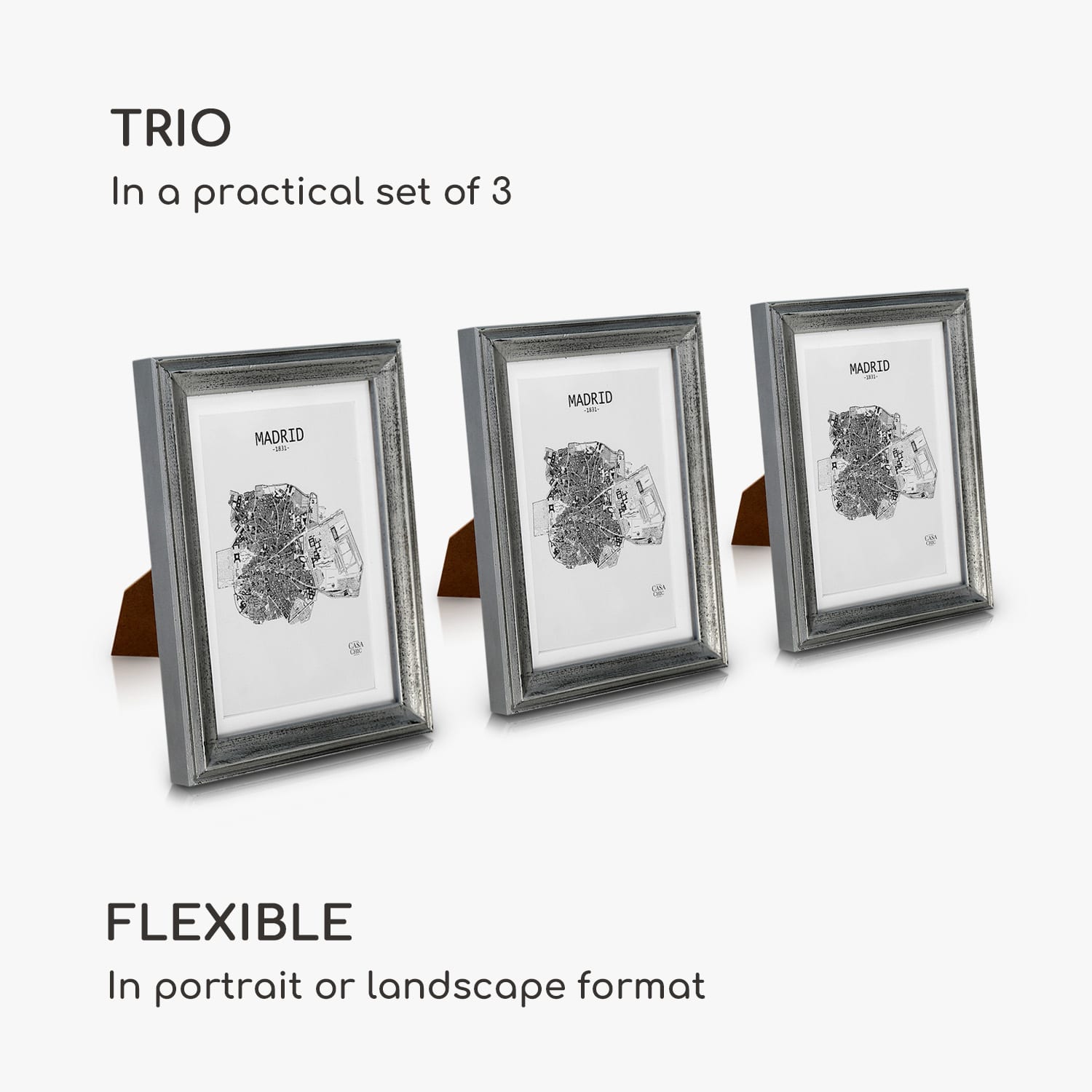 Lancaster, rámy na obrázky, obdĺžnikové, sada 3 rámov, fotky 17 x 12 cm, pasparta, drevo Strieborná