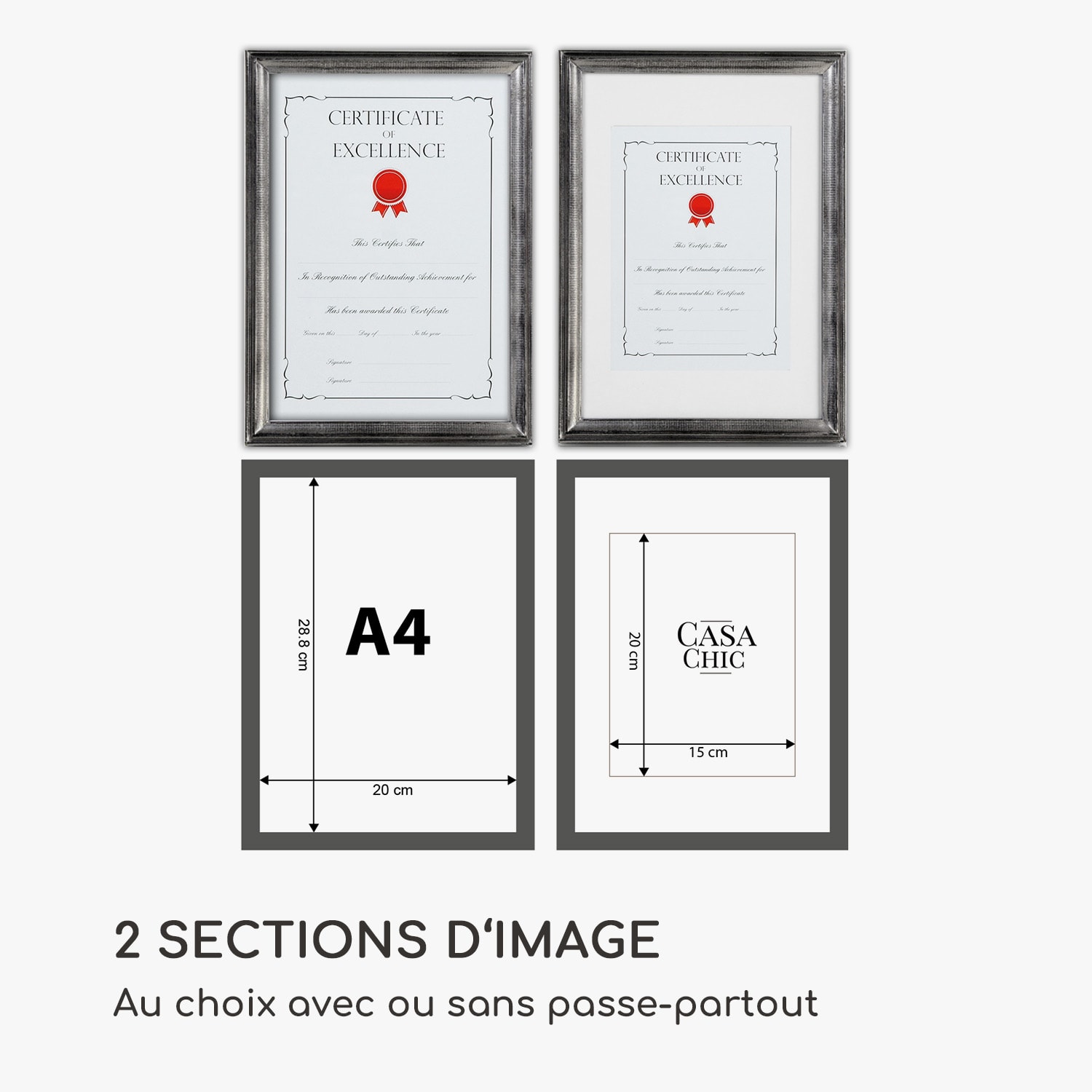 Lancaster cadre photo rectangulaire DIN A4 photos passe-partout bois Argent