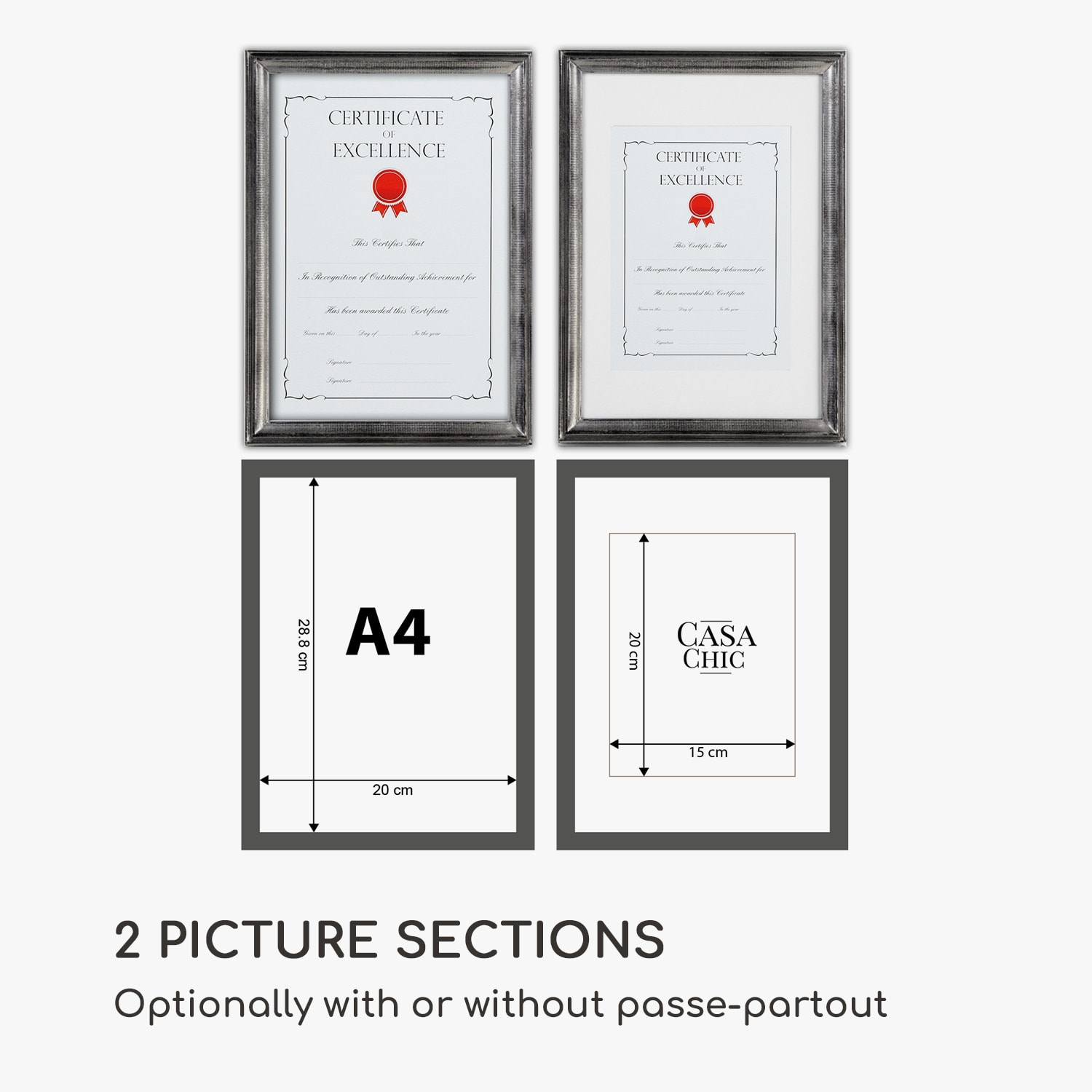 Lancaster, рамка за картини, правоъгълна, DIN A4  снимки, паспарту, дърво Сребърен