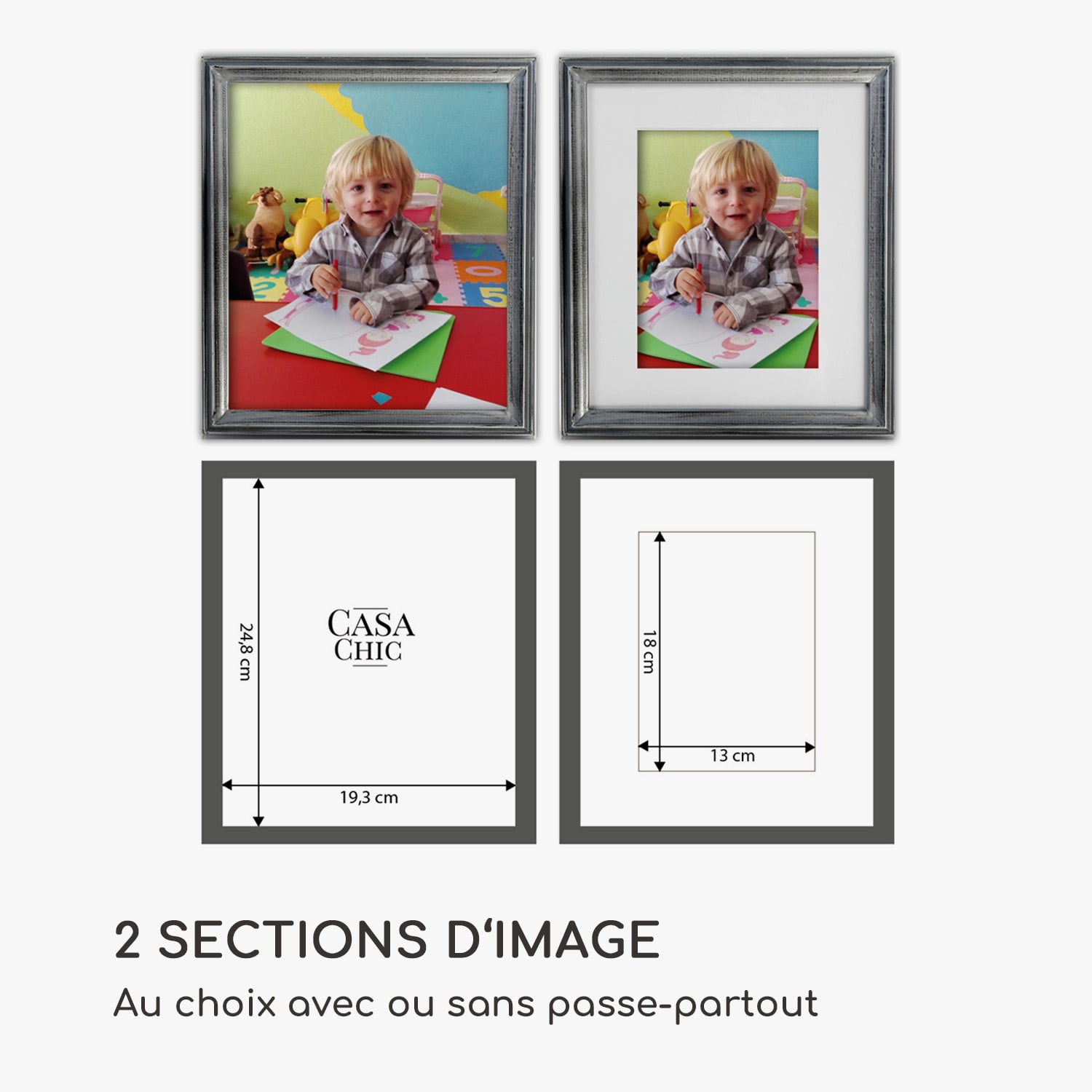 Lancaster Cadre photo rectangulaire 24,8 x 19,3 cm photos passe-partout bois Argent