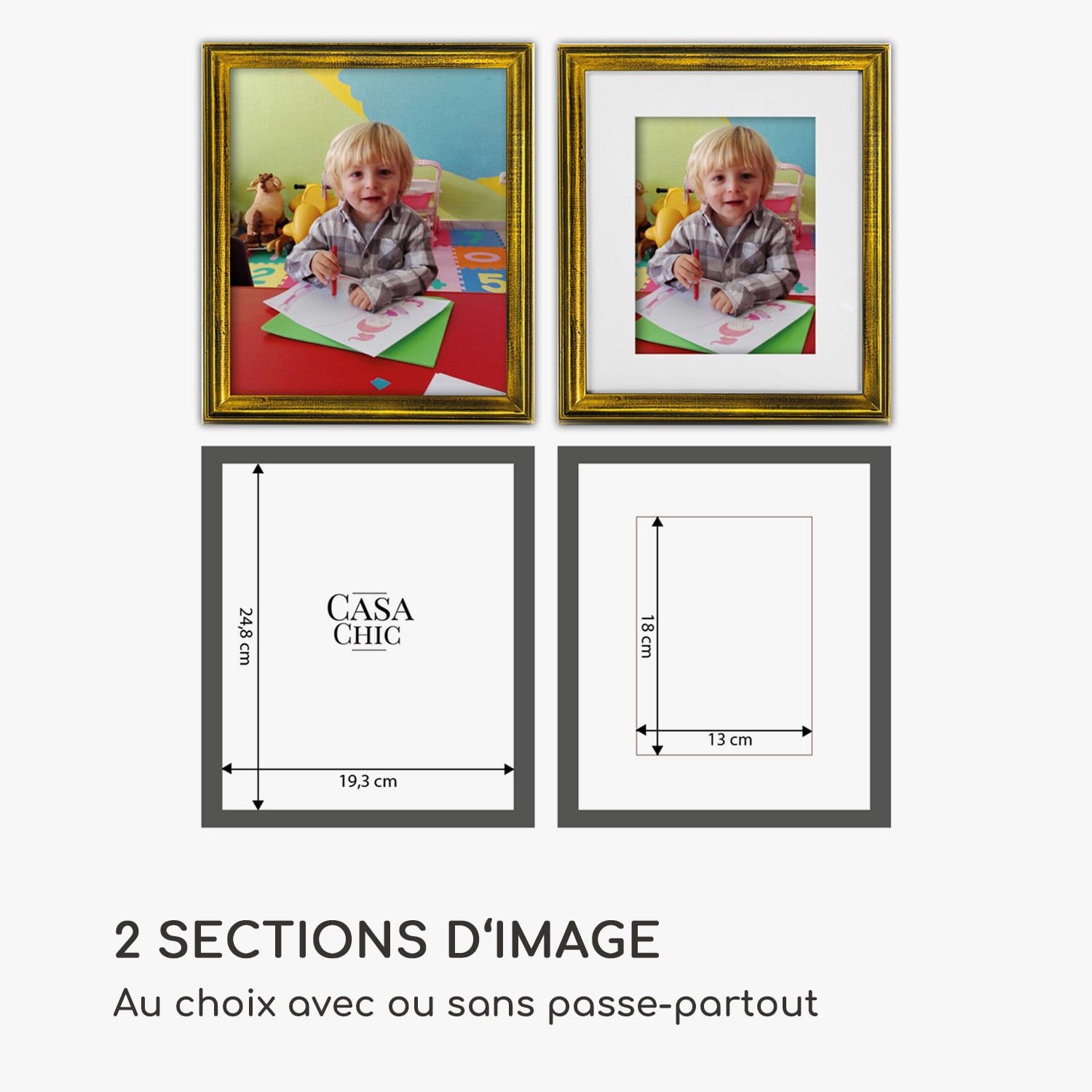 Lancaster Cadre photo rectangulaire 24,8 x 19,3 cm photos passe-partout bois Doré