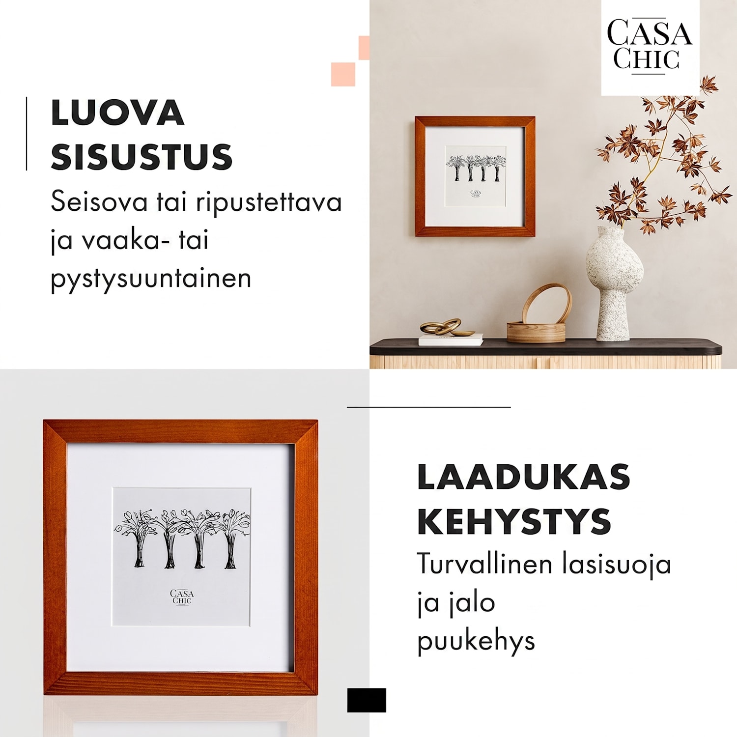 Bristol-valokuvakehys lasilevy 20 x 20 cm paspartuurilla aitoa puuta  Ruusupuu