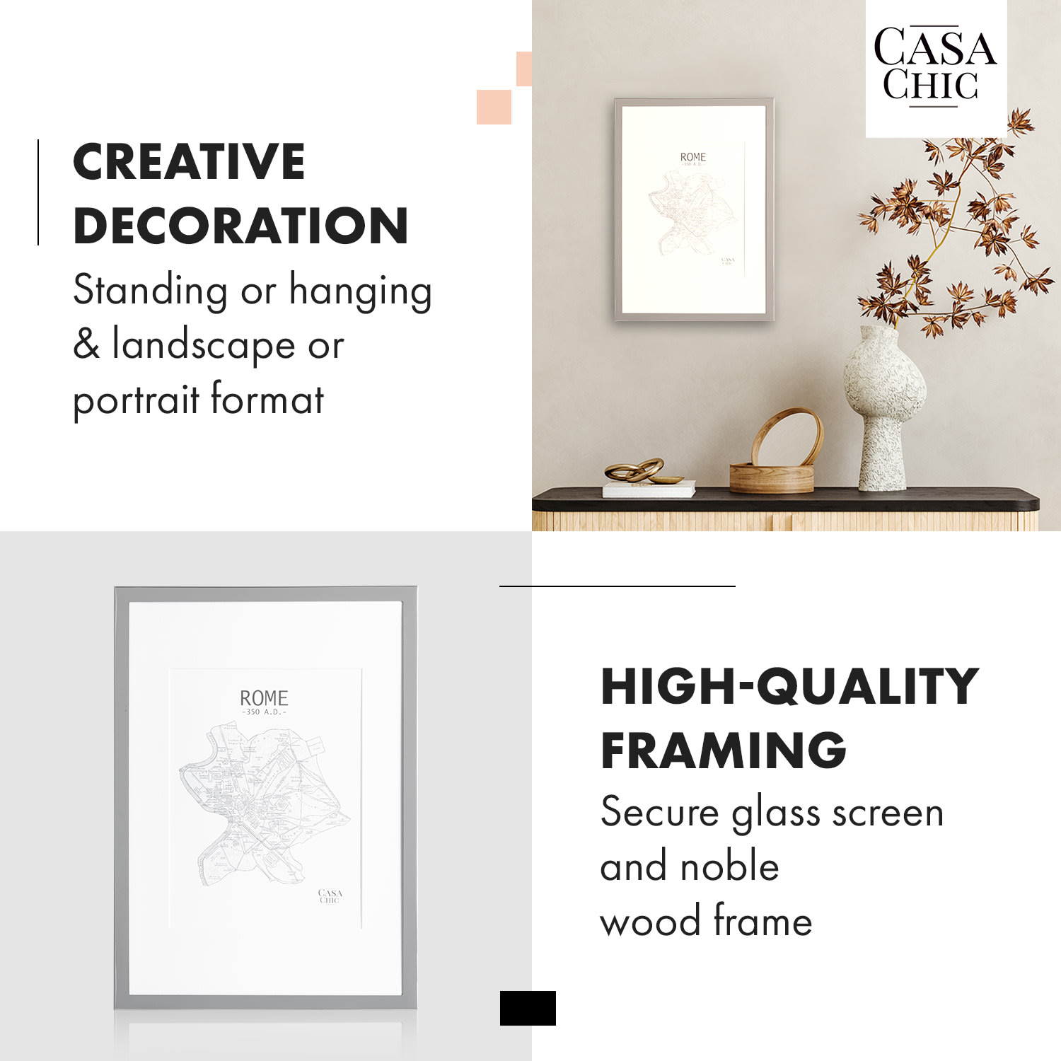 Berwick, képkeret, téglalap alakú, DIN A4 fényképek, paszpartu, üveg Ezüst króm