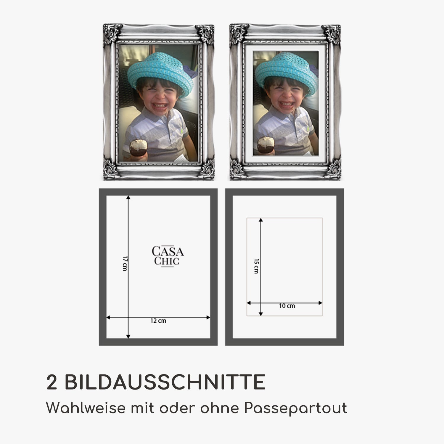 Regent Bilderrahmen rechteckig 17 x 12 cm Fotos Passepartout   Glas Rokoko Silber