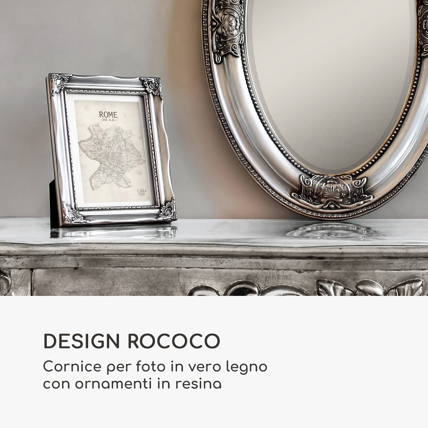 Regent - Cornice rettangolare, 17 x 12 cm, foto, passepartout, vetro, rococò Argento