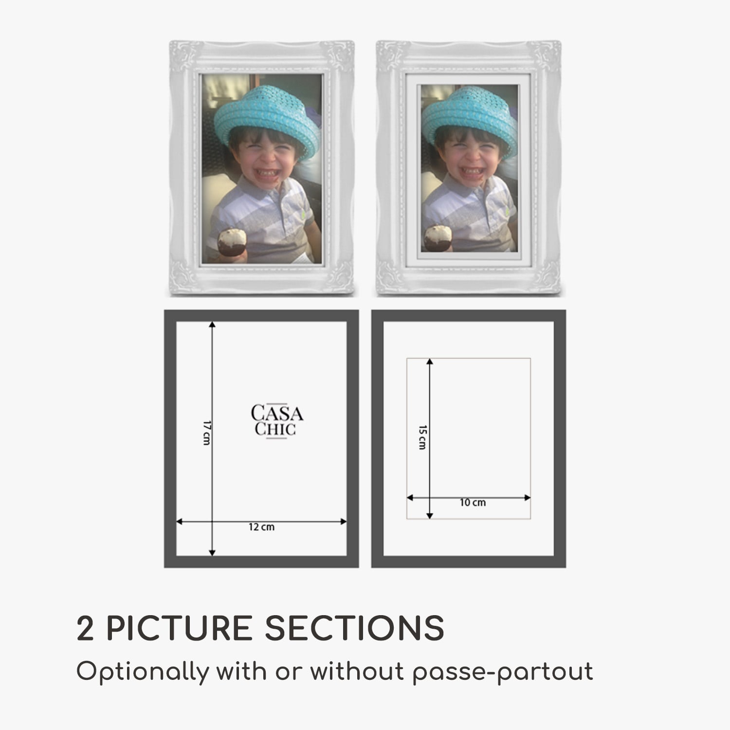 Regent, okvir za slike, pravokutni, fotografije 17 × 12 cm, nosač, staklo, rokoko Bijela