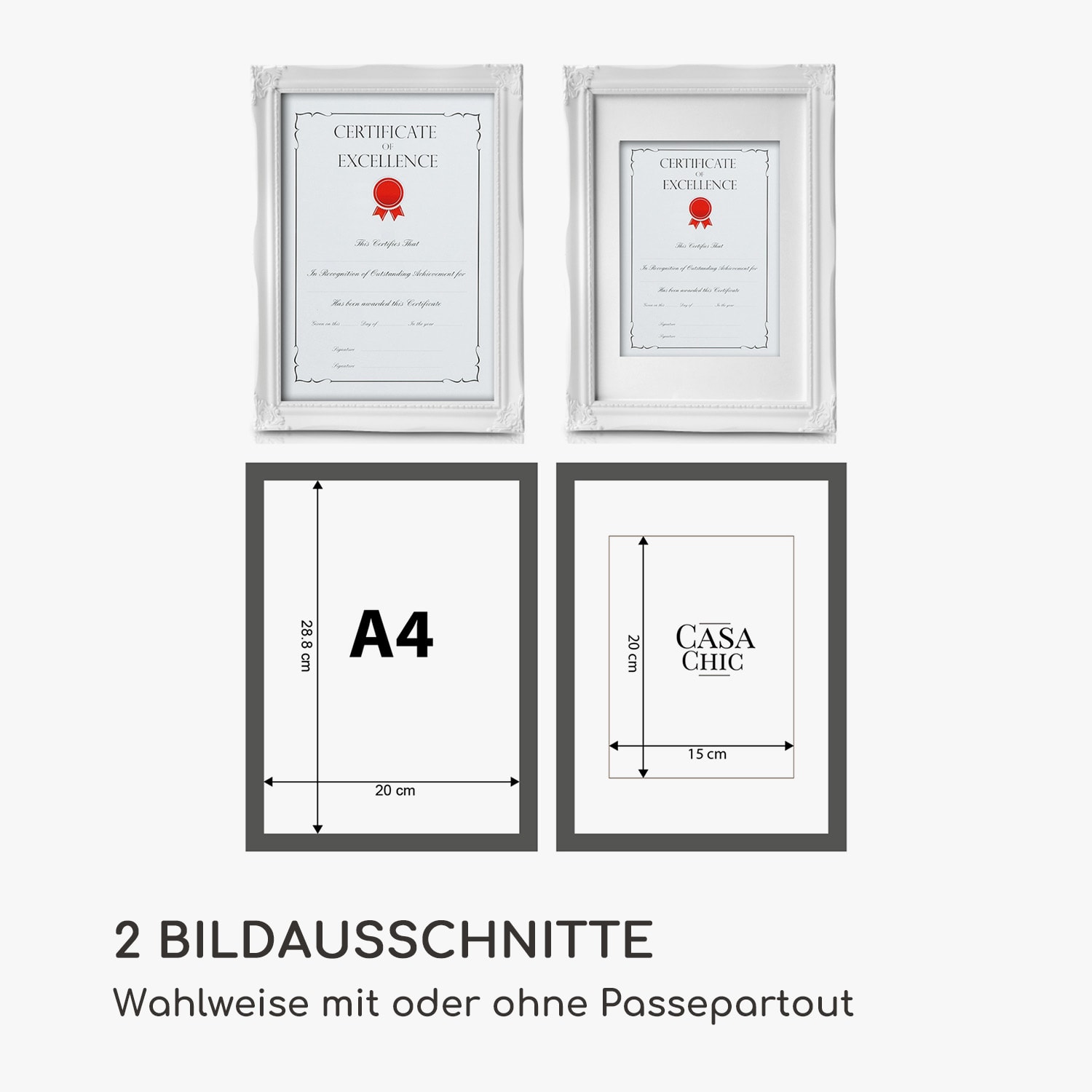 Regent Bilderrahmen rechteckig A4 Fotos Passepartout   Glas Rokoko Weiß