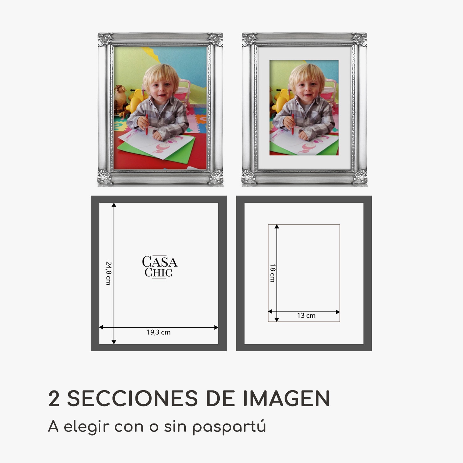 Marco de fotos Regent Rectangular 25 x 20 cm Fotos Paspartú Cristal Rococó Plata