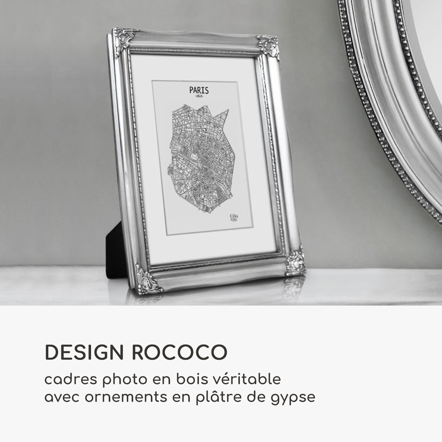 Regent cadre photo rectangulaire 25 x 20 cm photos passe-partout verre rococo Argent