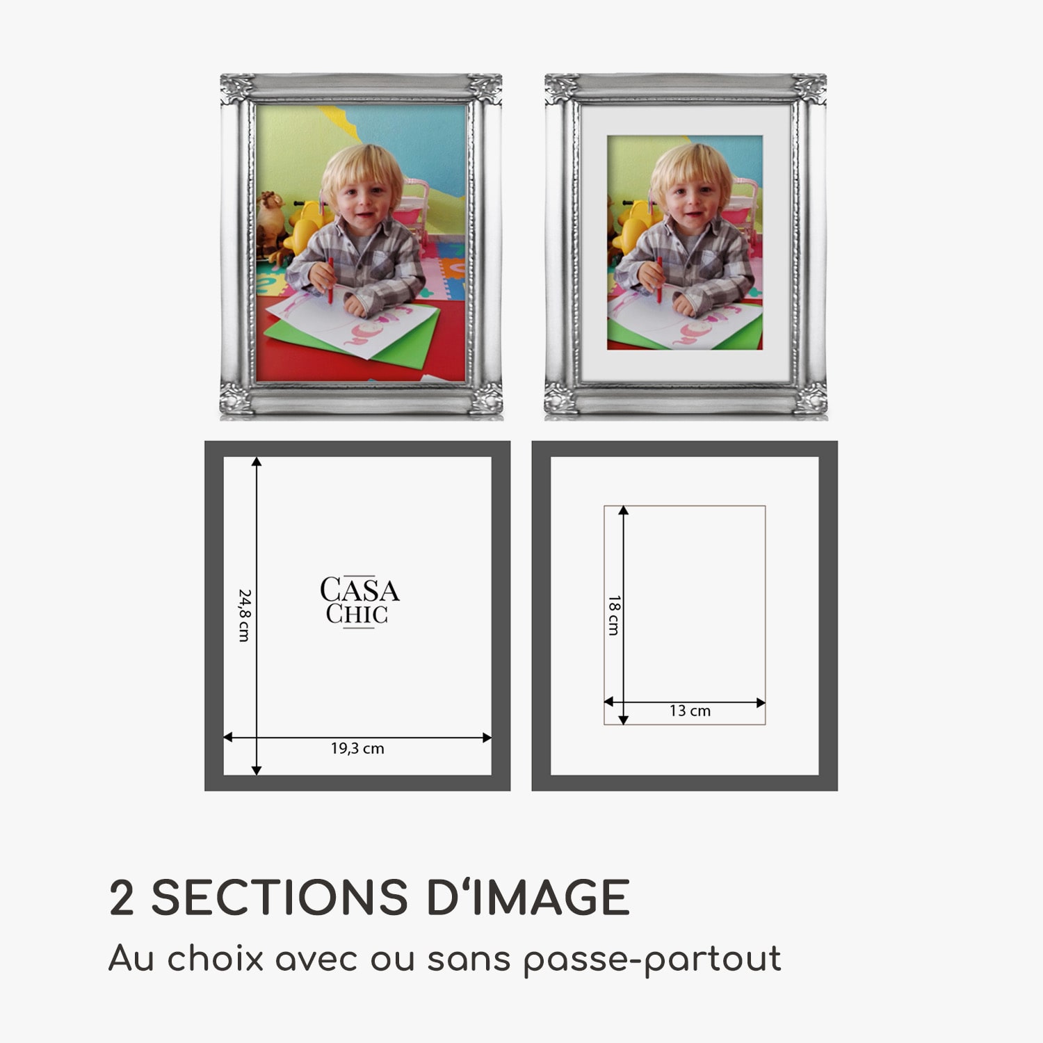 Regent cadre photo rectangulaire 25 x 20 cm photos passe-partout verre rococo Argent